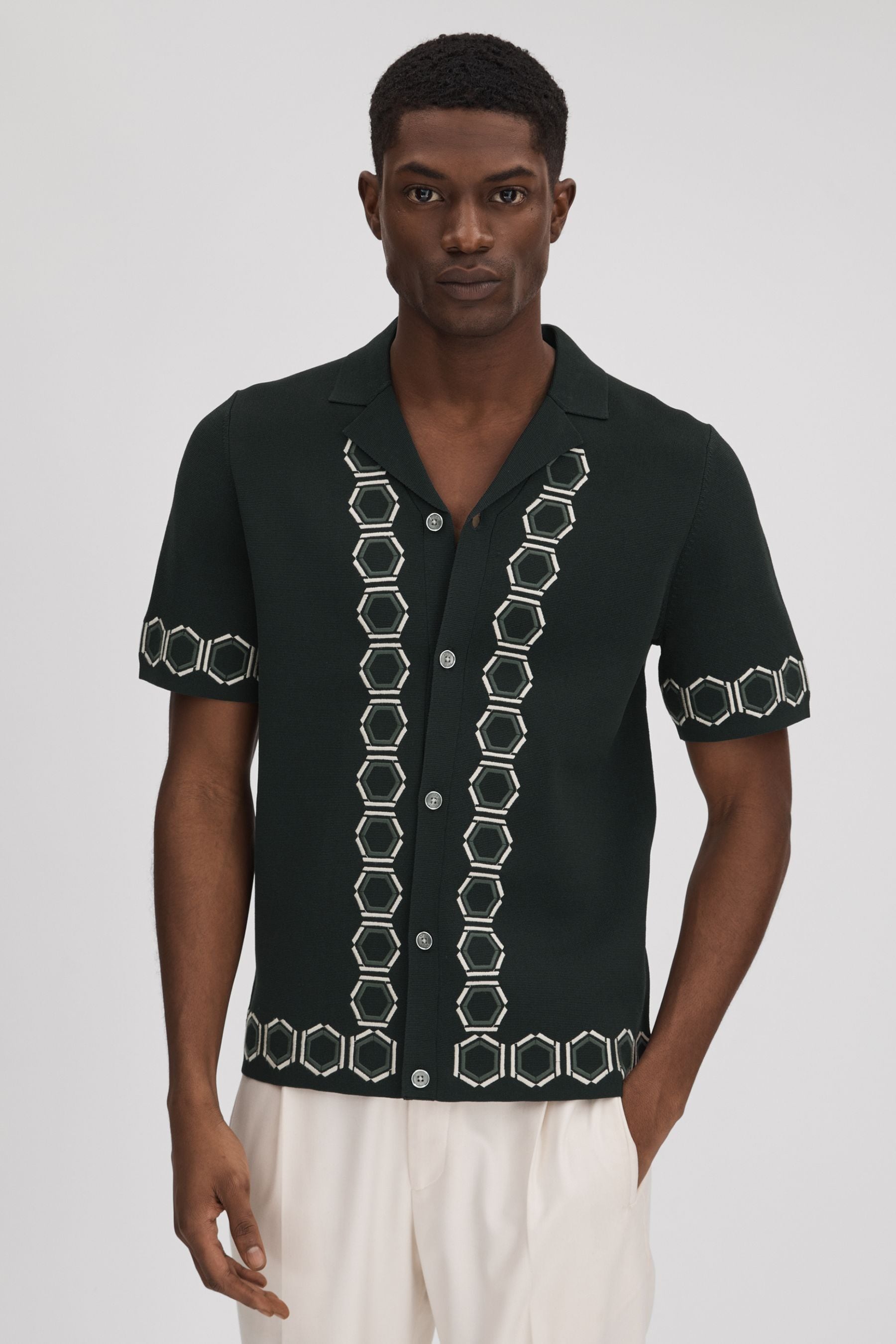 Shop Reiss Decoy - Hunting Green Knitted Cuban Collar Shirt, M