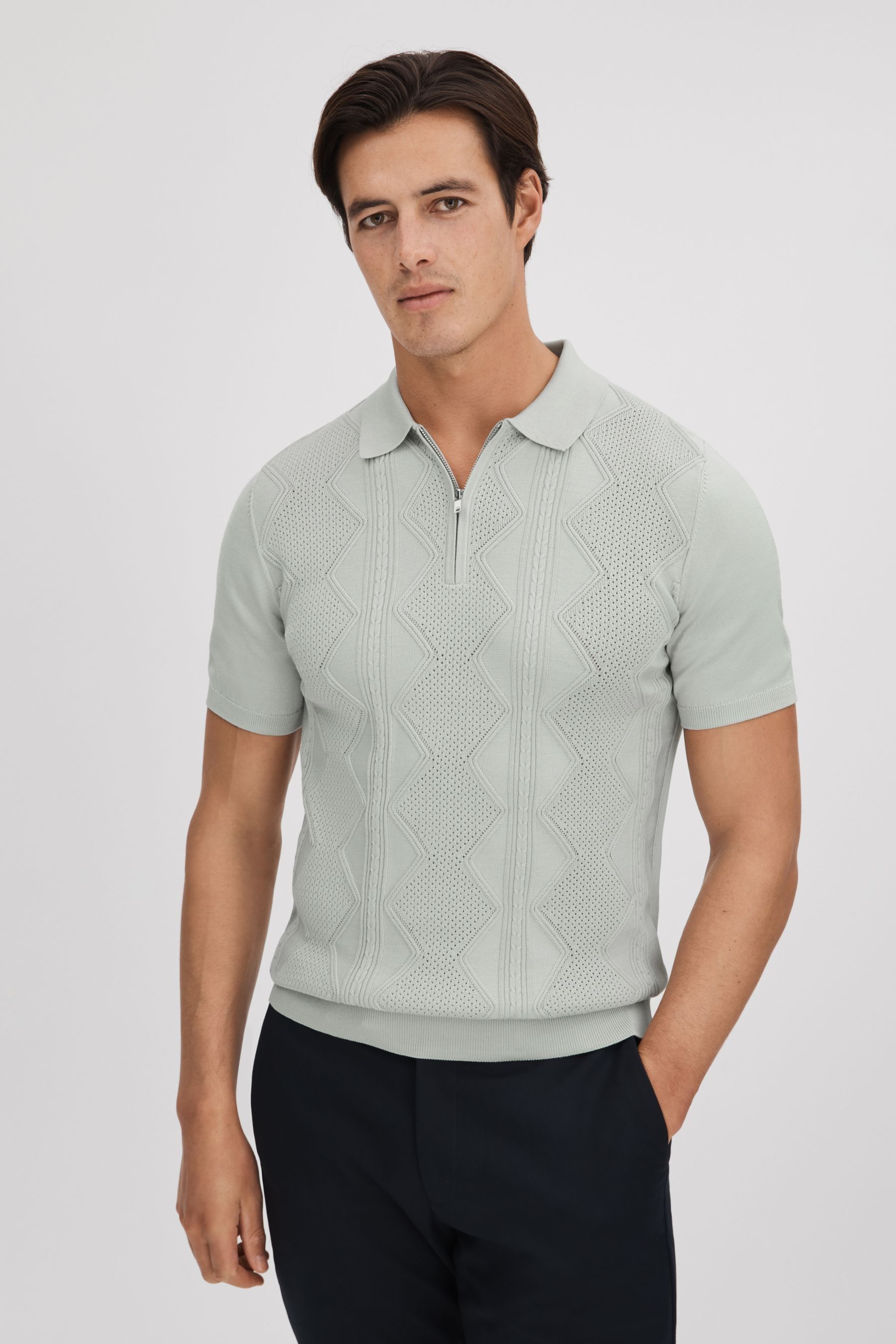 Shop Reiss Tropic - Pistachio Cotton Half-zip Polo Shirt, Xl