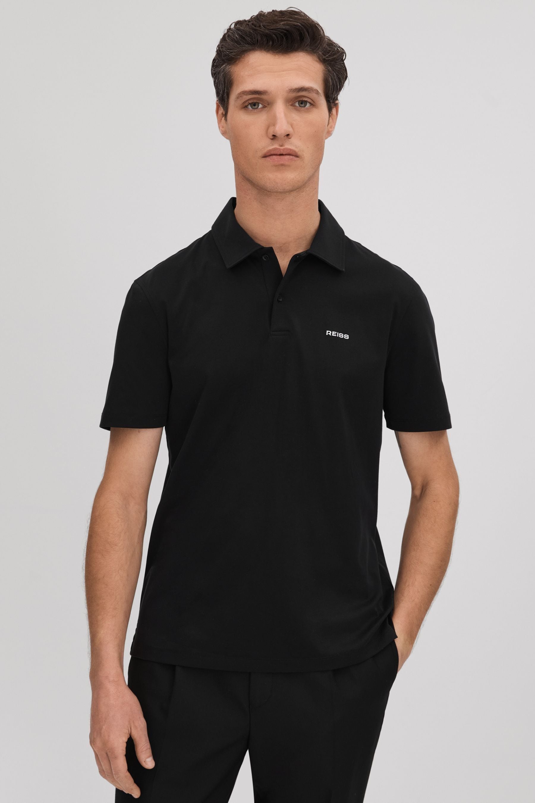 Reiss Owens - Black Slim Fit Cotton Polo Shirt, L
