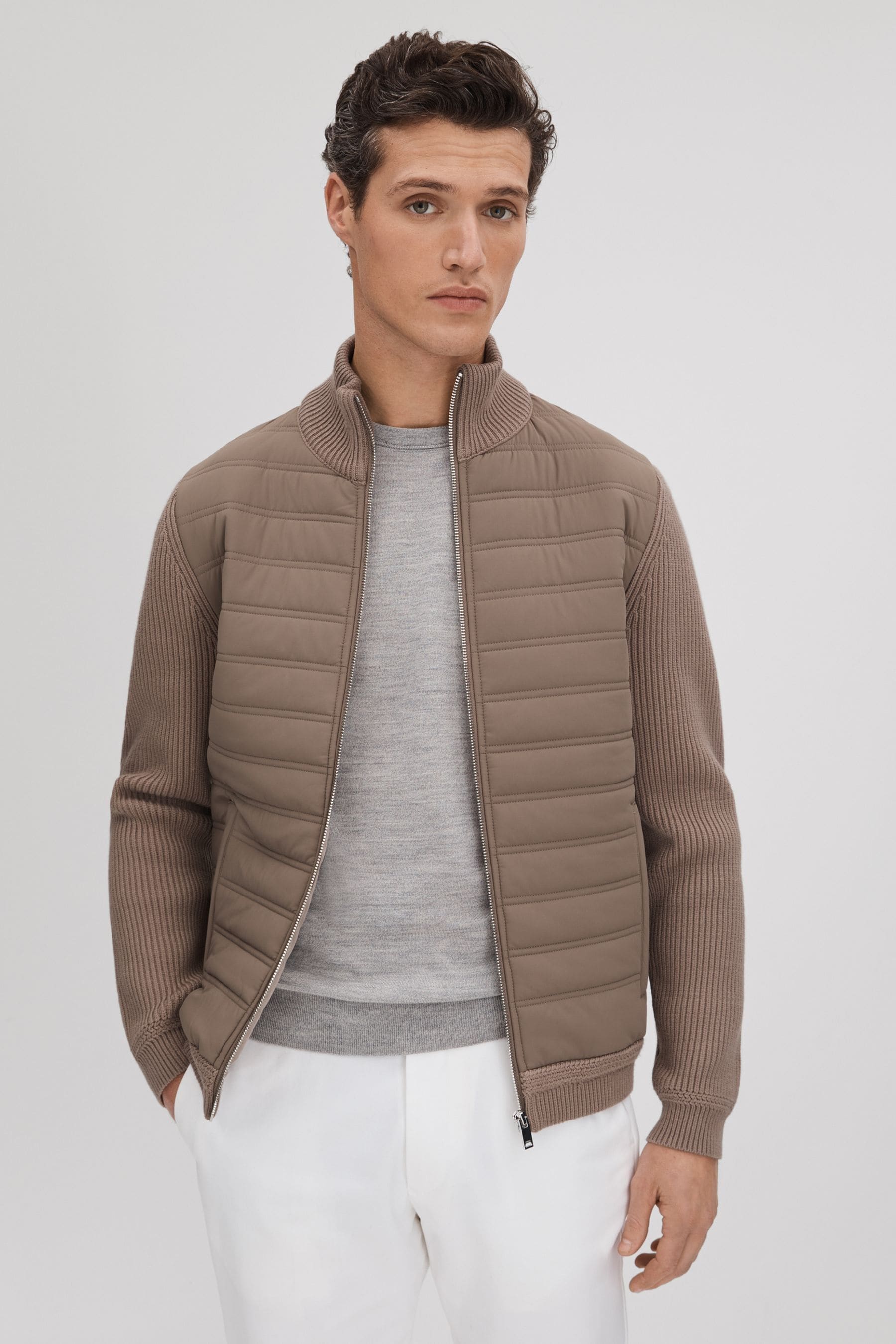 Reiss Southend - Mink Hybrid Quilt And Knit Zip-through Jacket, M