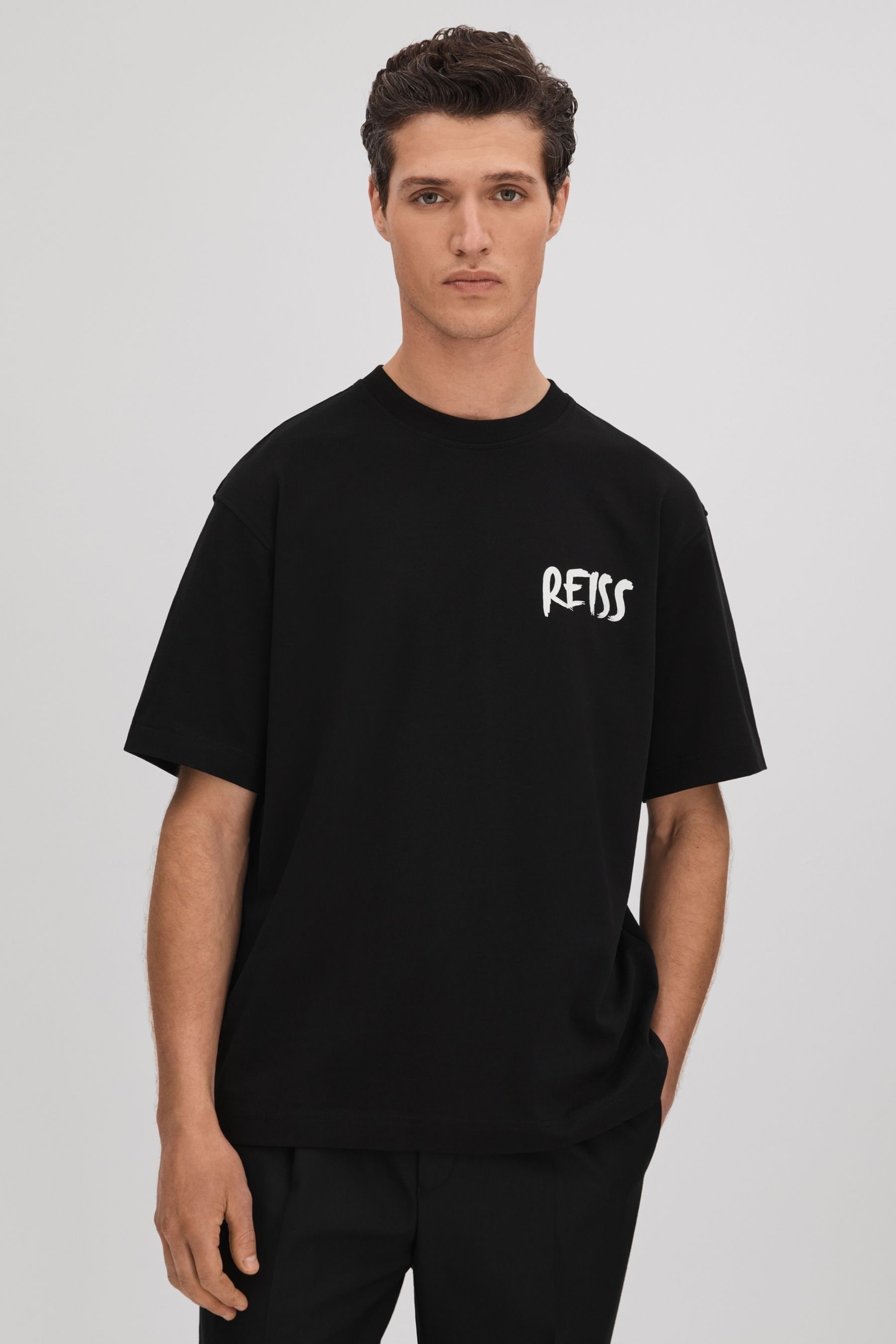 Reiss Abbott - Black/white Cotton Motif T-shirt, Xl