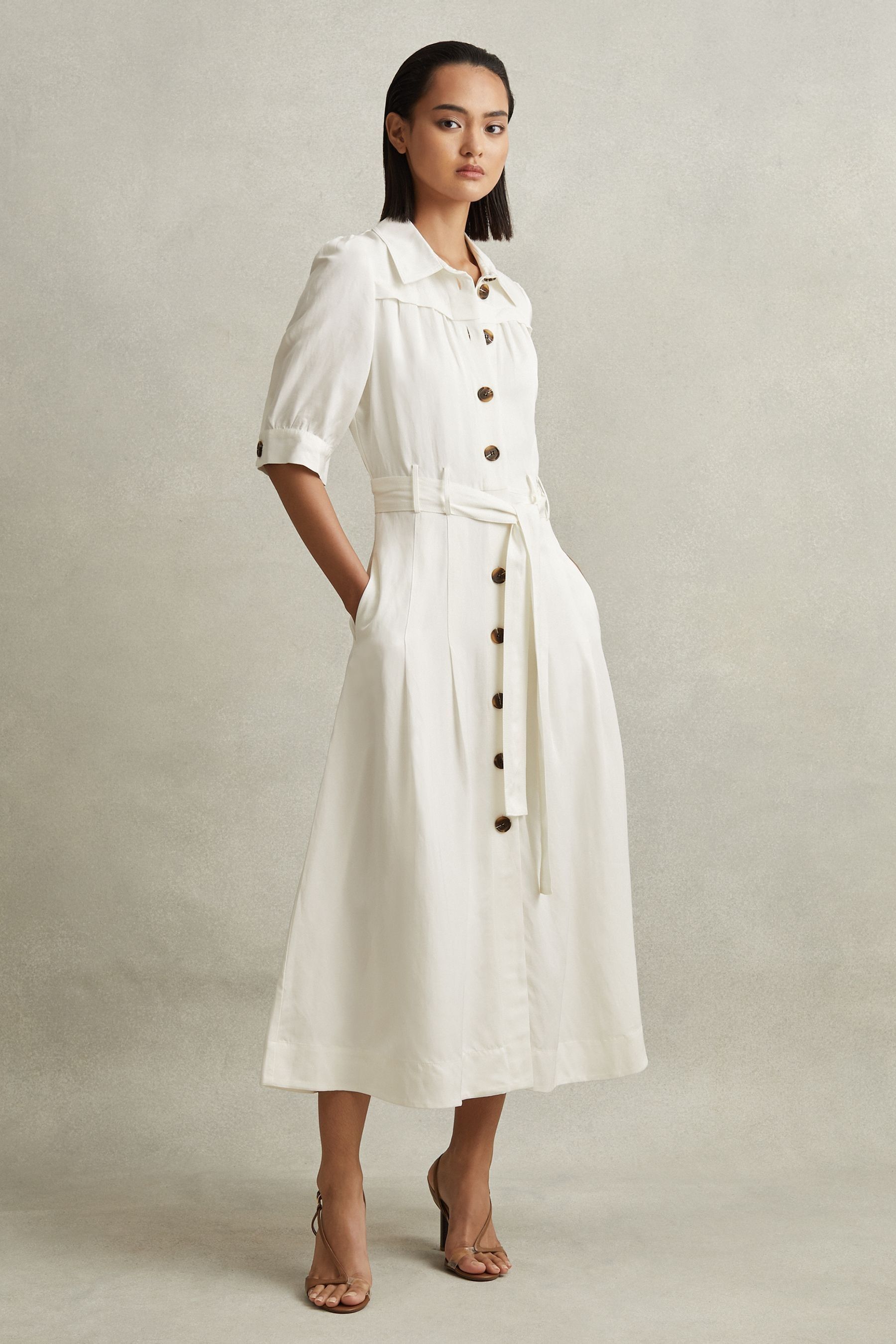 Shop Reiss Malika - White Belted Cap Sleeve Midi Dress, Us 8