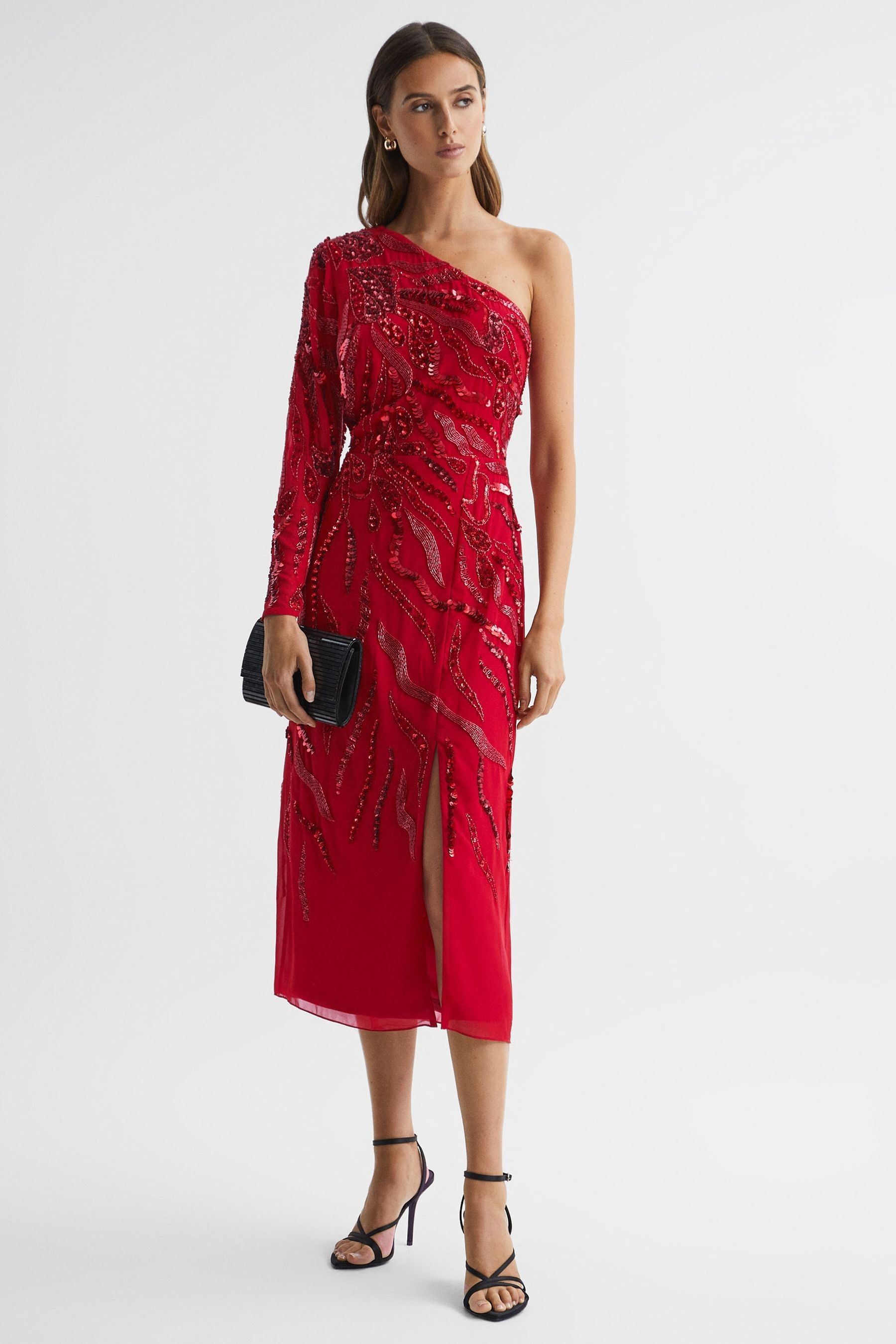 Raishma Embellished One-shoulder Midi Dress In Bright Red