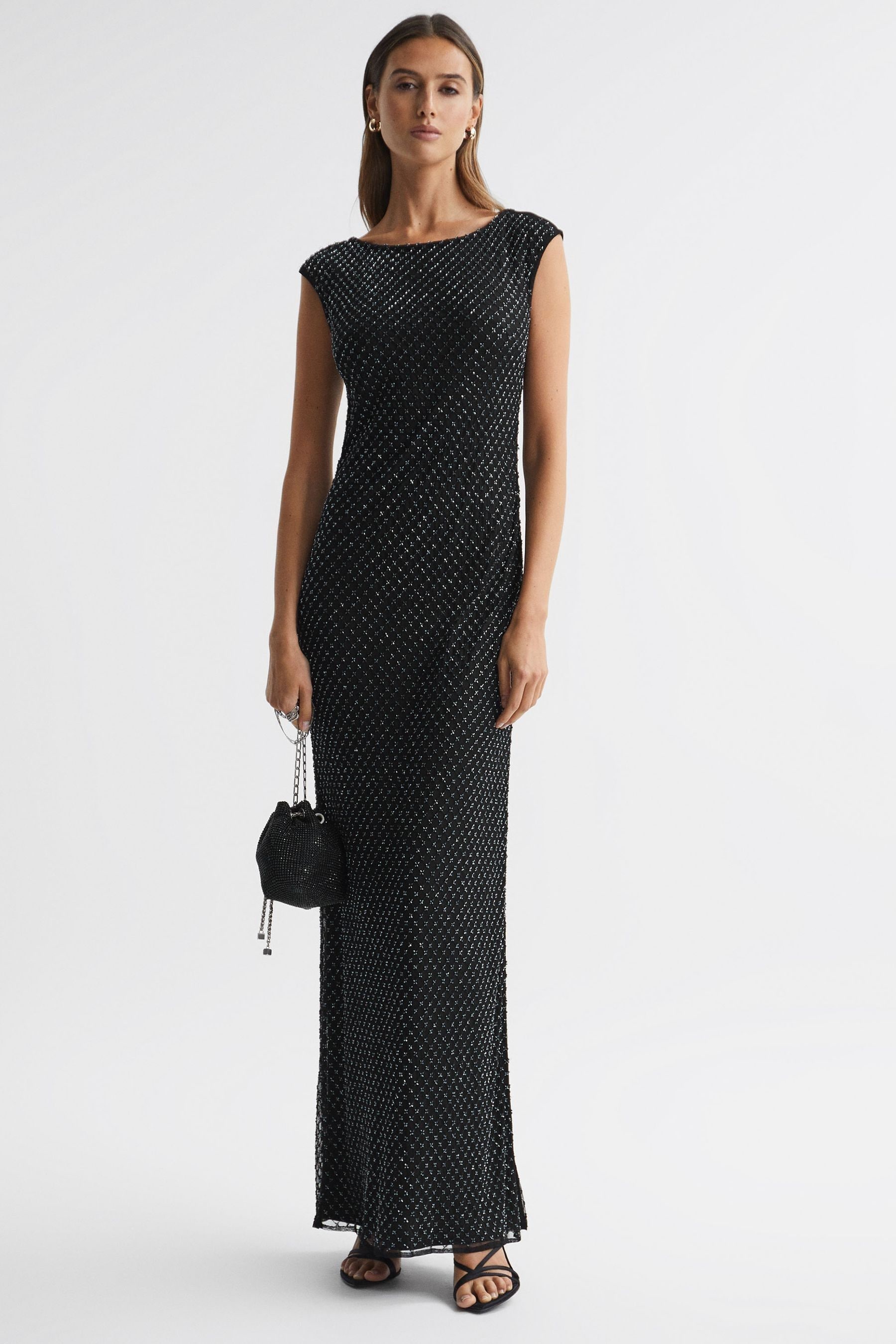 Raishma Embellished Semi-sheer Maxi Dress In Black/gunmetal