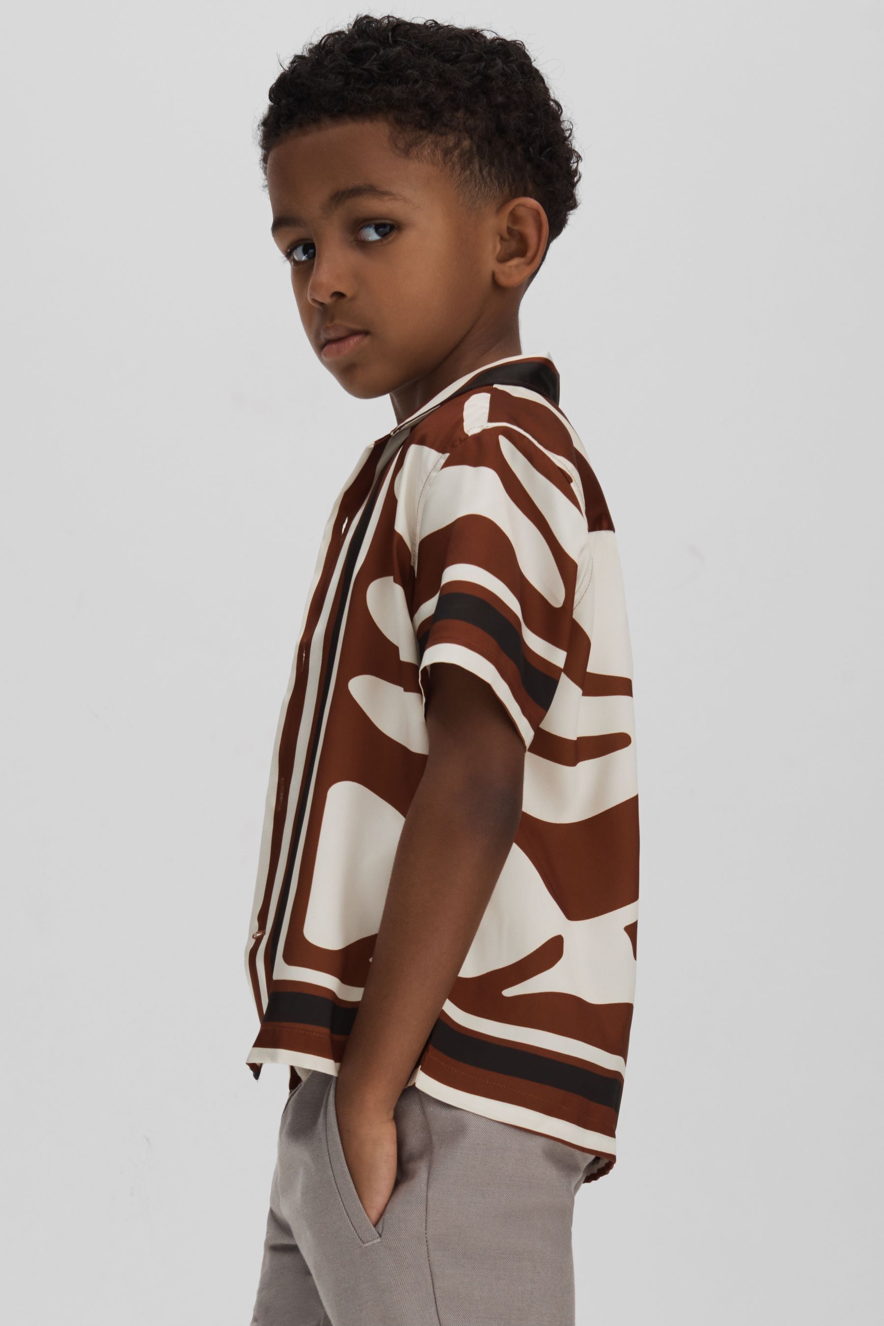 Reiss Kids' Tom - Tobacco Printed Cuban Collar Shirt, 7 In Brown
