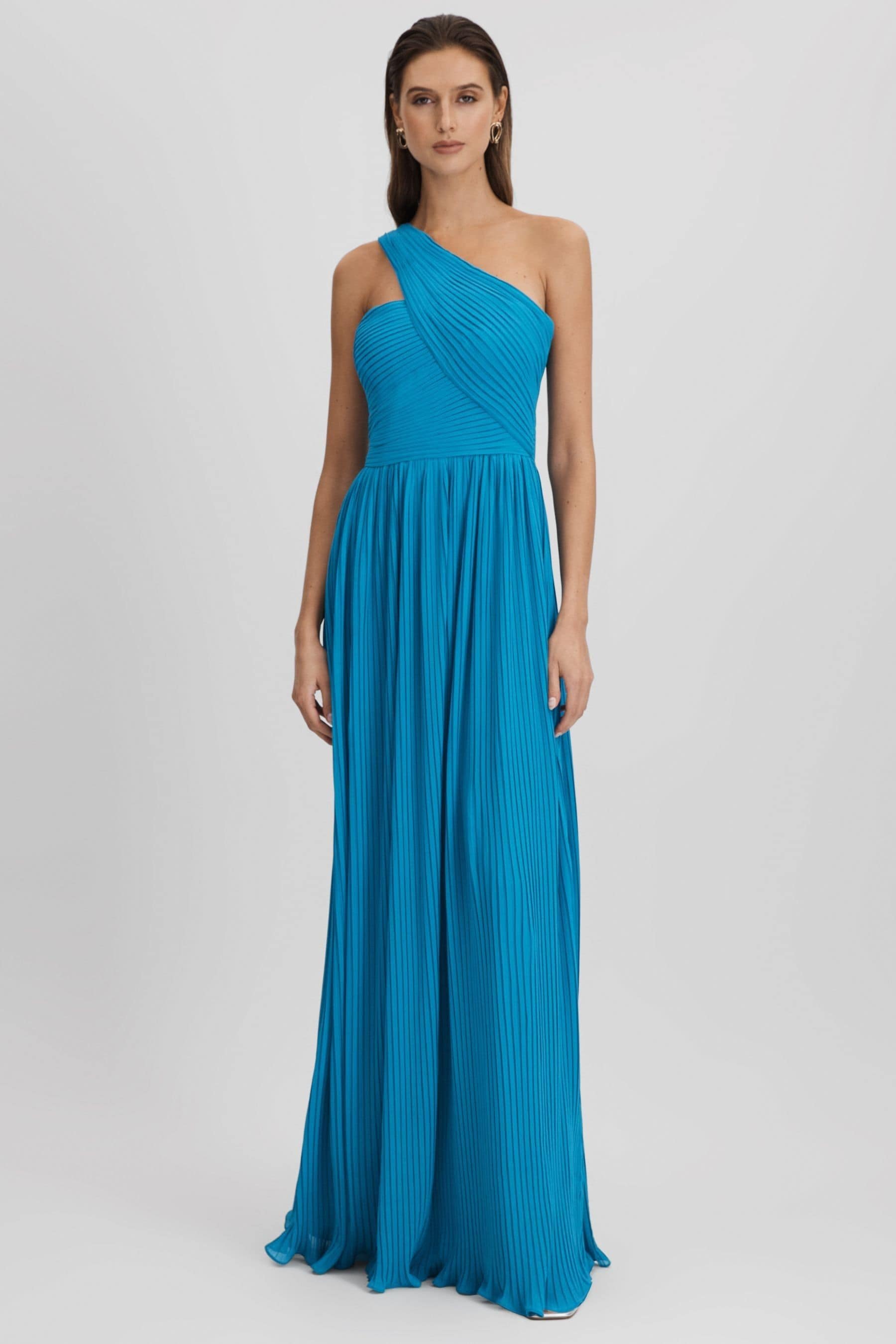 Amur One Shoulder Pleated Maxi Dress In Blue Surf