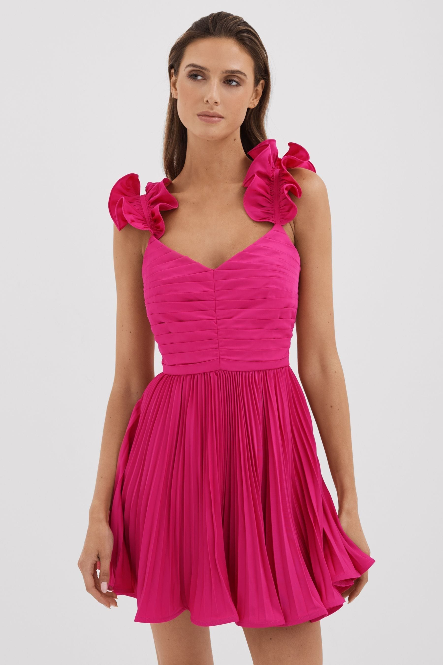 Shop Amur Ruffle Strap Pleated Mini Dress In Pink Cabaret