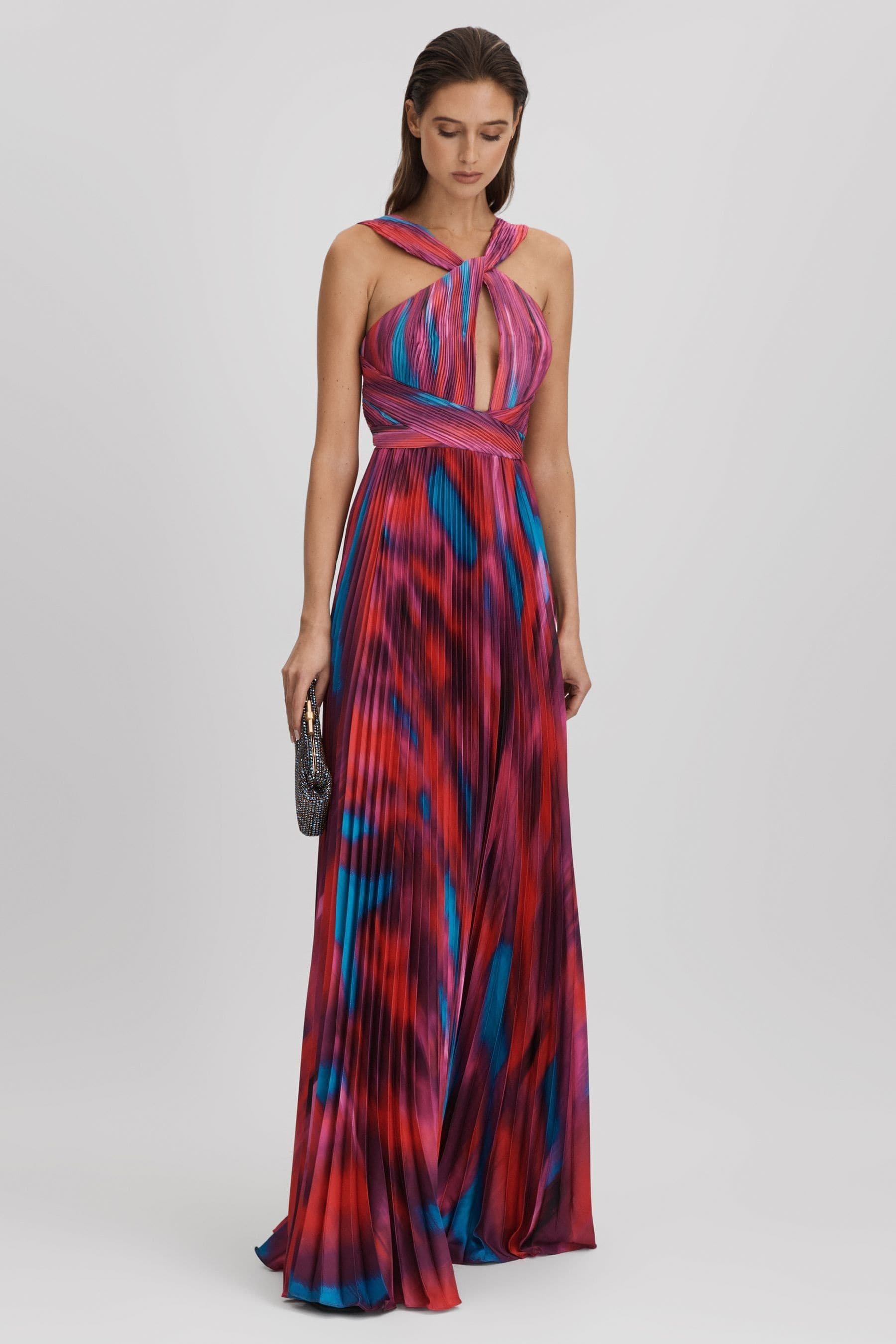Amur Lindley Pleated Charmeuse Halter Gown In Fire Ice