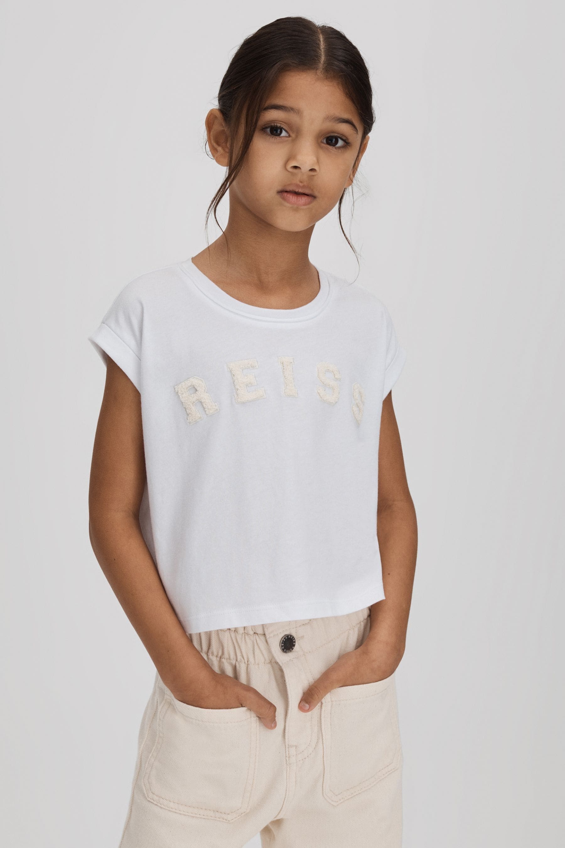 Reiss Kids' Taya - White Senior Textured Motif Cotton Crew Neck T-shirt, 9 - 10 Years