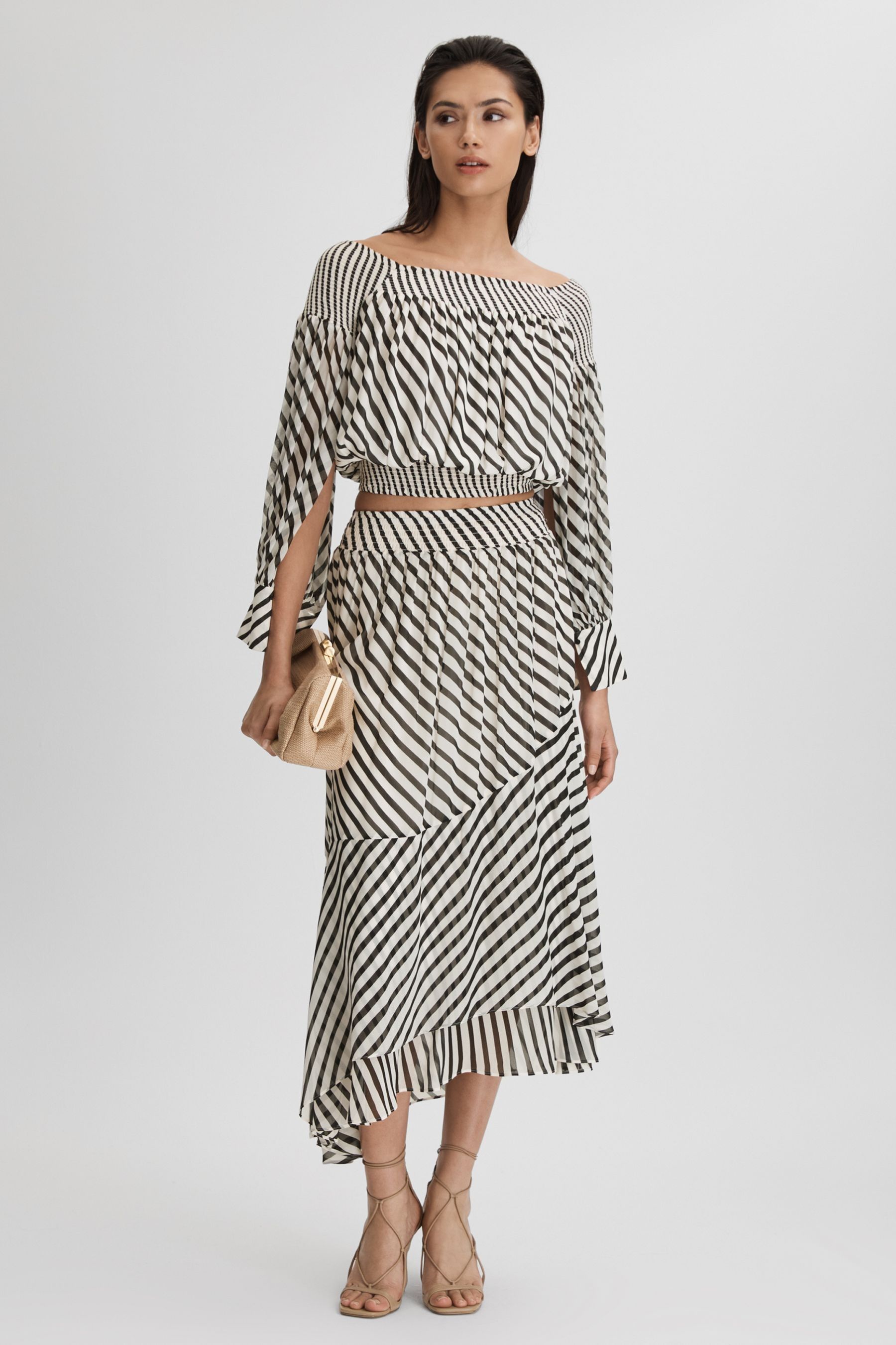 Reiss Dani - Black/cream Striped Panelled Midi Skirt, Us 2