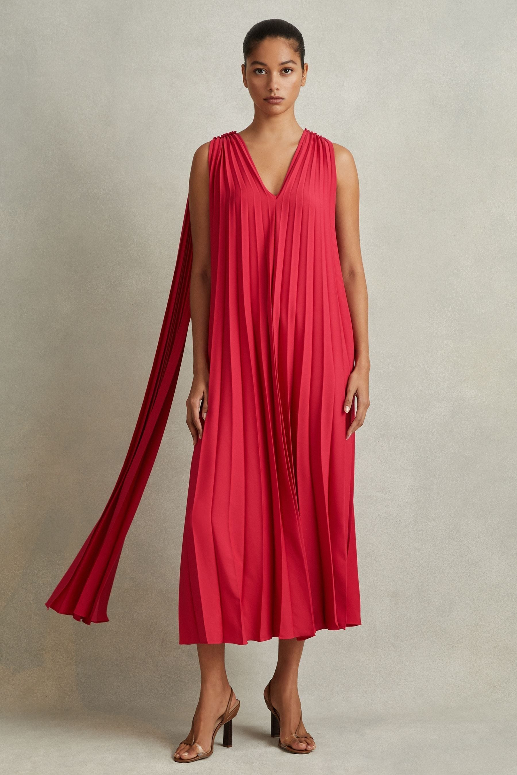 Shop Reiss Loreli - Coral Pleated Cape Sleeve Midi Dress, Us 6