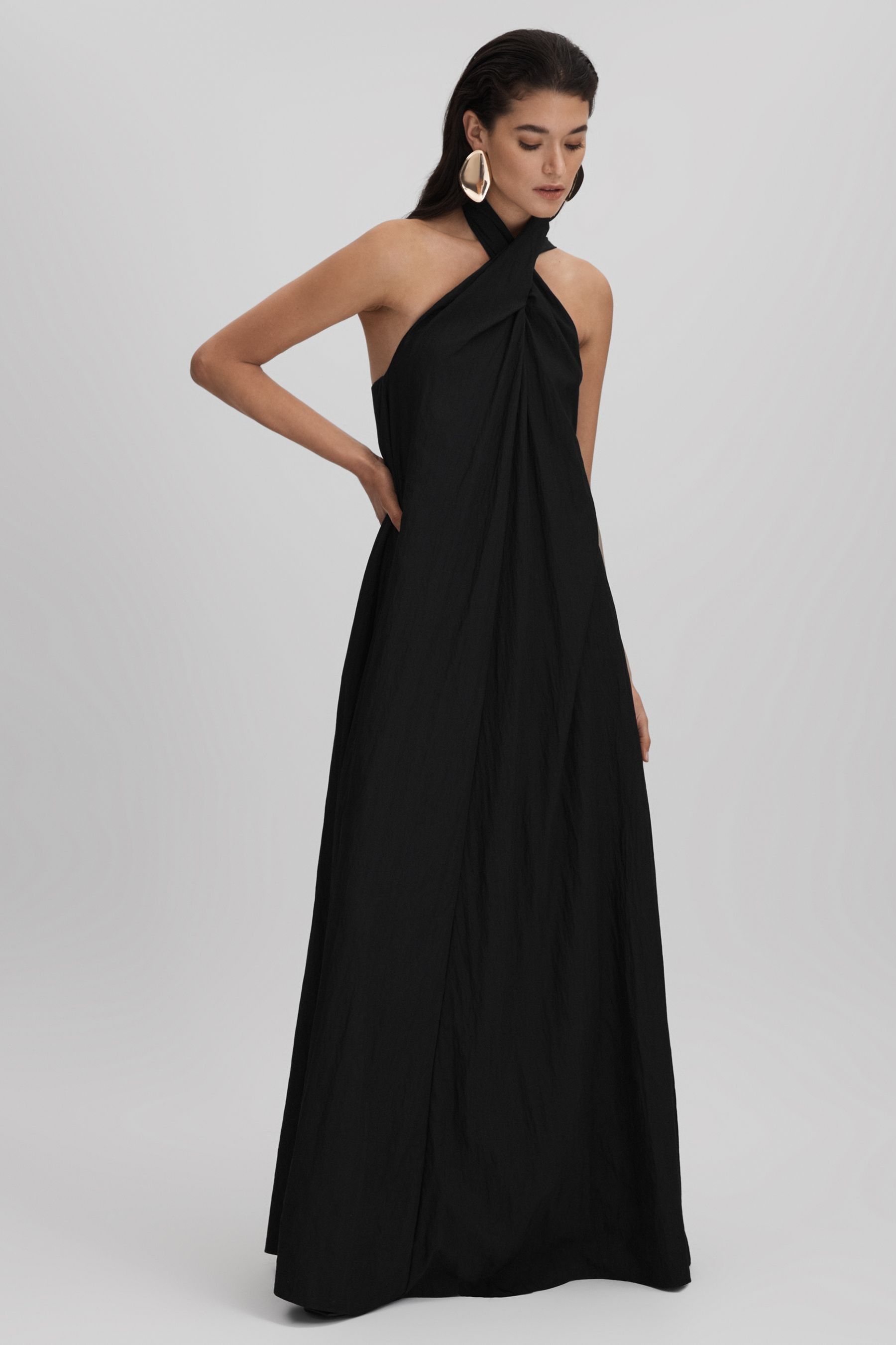 Reiss Black Taffeta Halter Neck Maxi Dress, 4