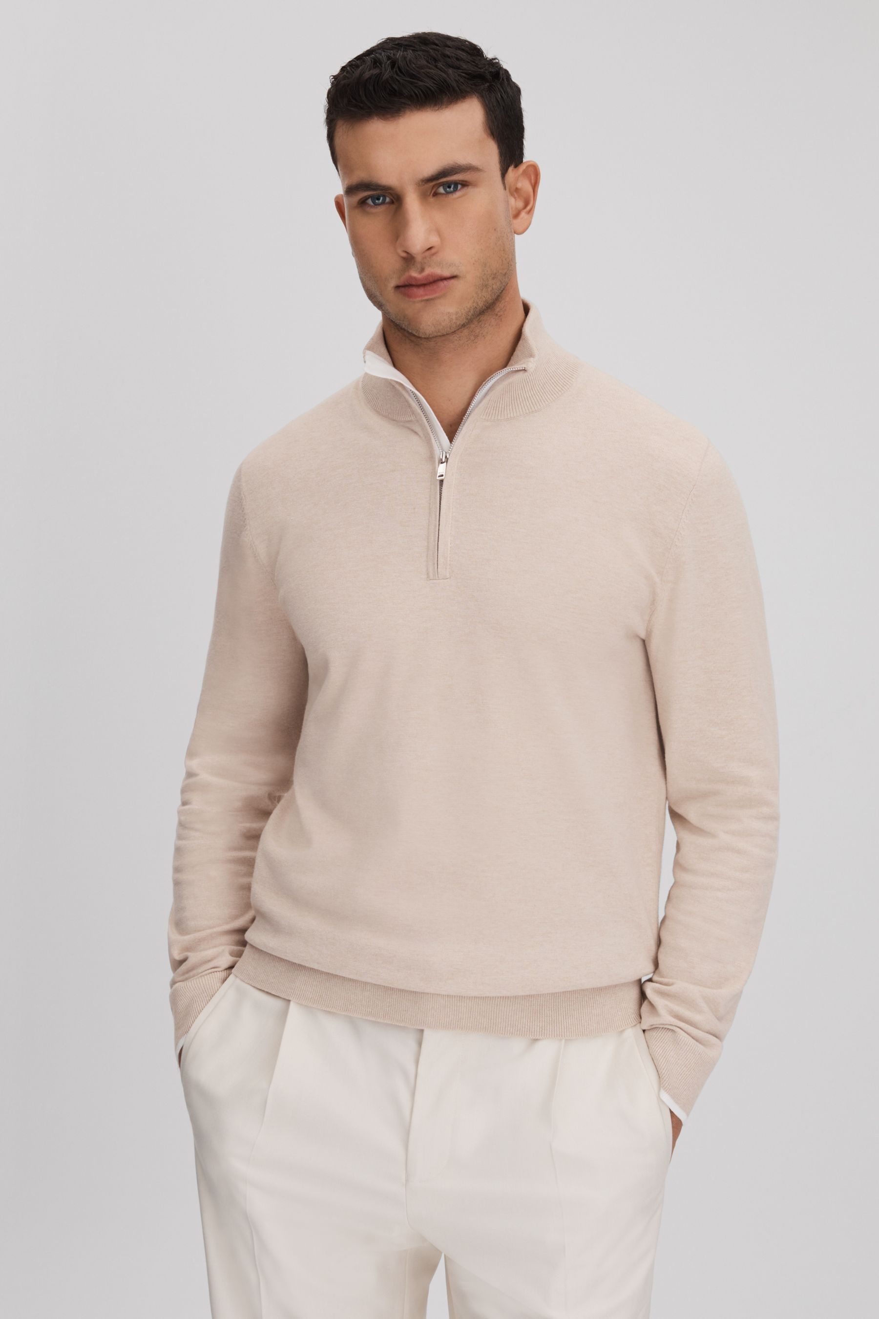 Shop Reiss Swinley - Camel Cotton Blend Half-zip Funnel Neck Jumper, Xxl