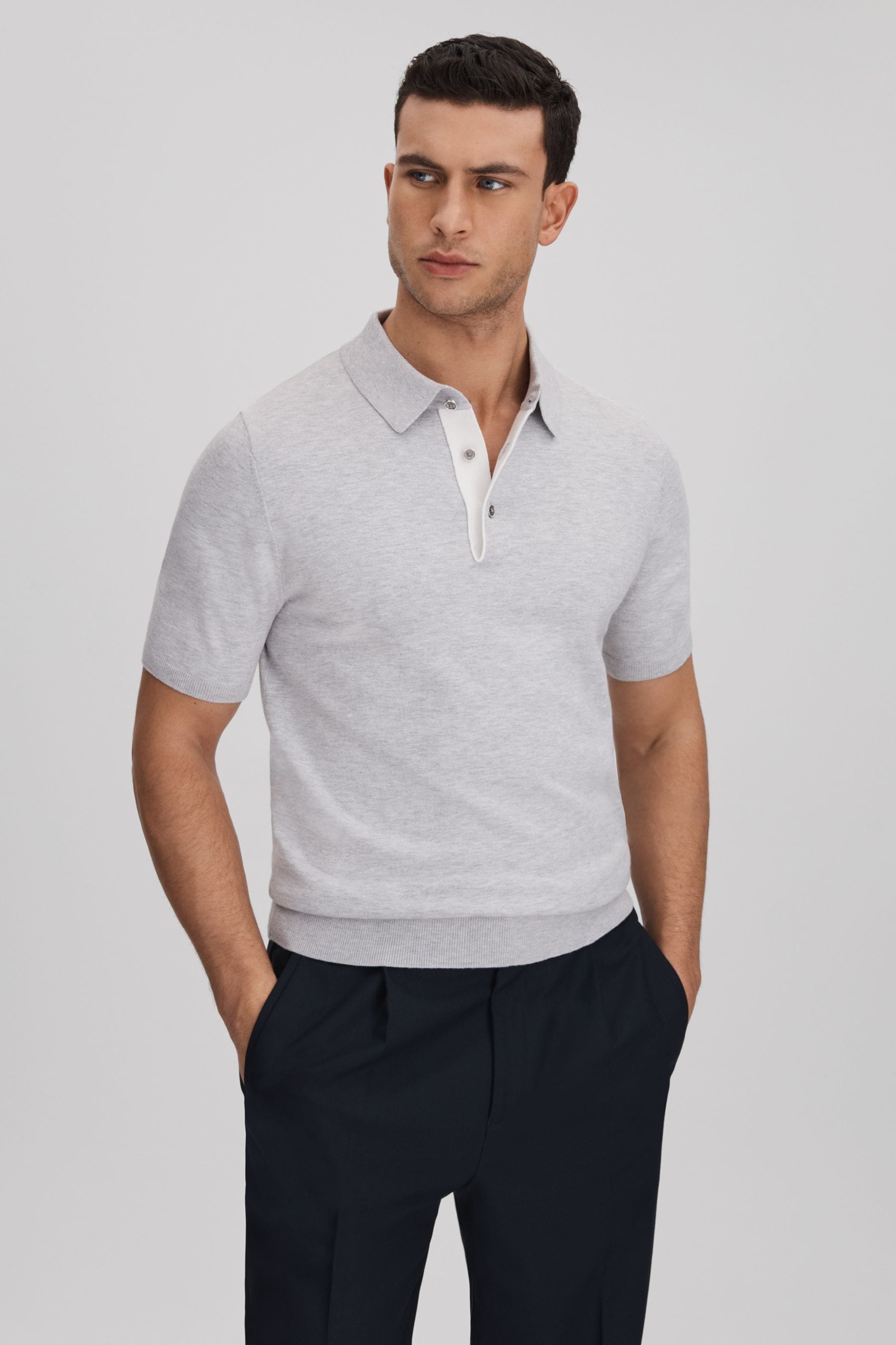 Shop Reiss Finch - Soft Grey Cotton Blend Contrast Polo Shirt, S