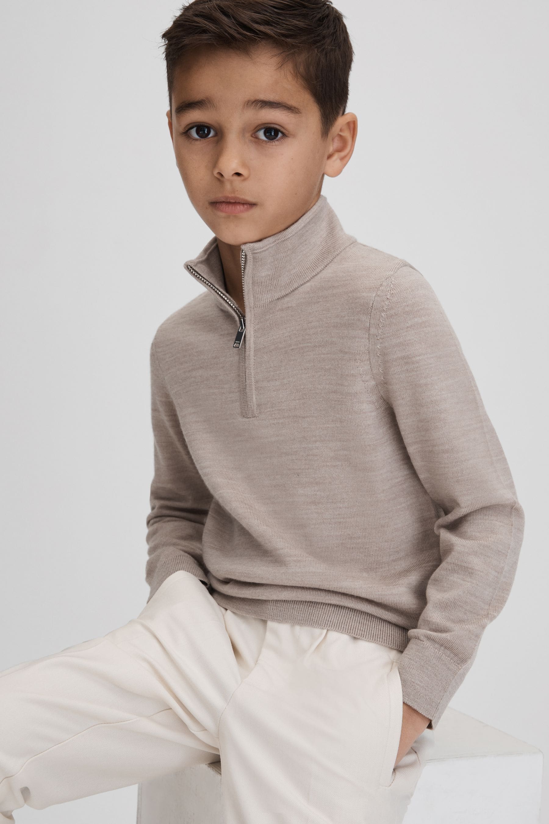 Reiss Kids' Blackhall - Wheat Melange Junior Wool Half-zip Funnel Neck Jumper, Age 5-6 Years