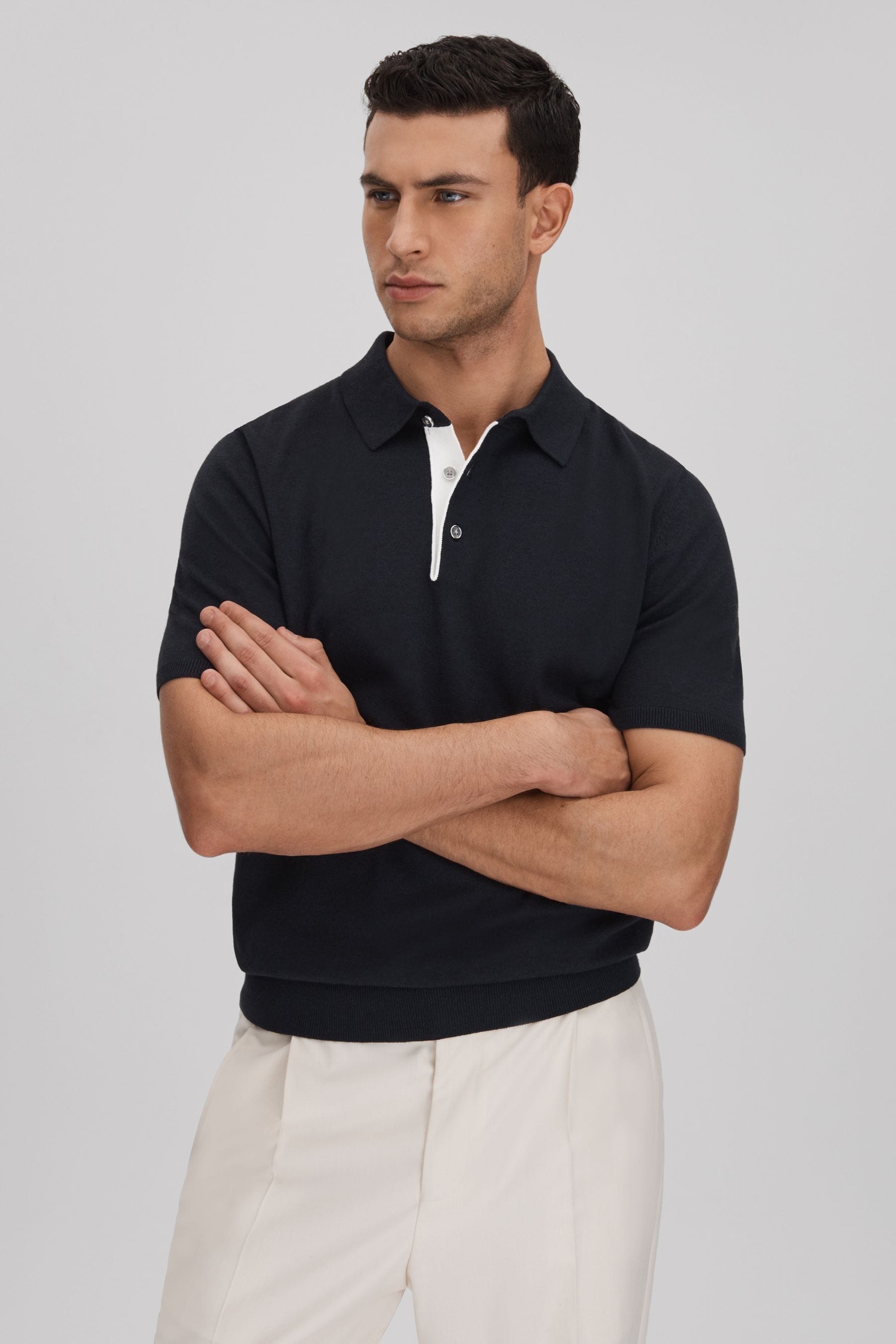 Shop Reiss Finch - Navy Cotton Blend Contrast Polo Shirt, Xxl