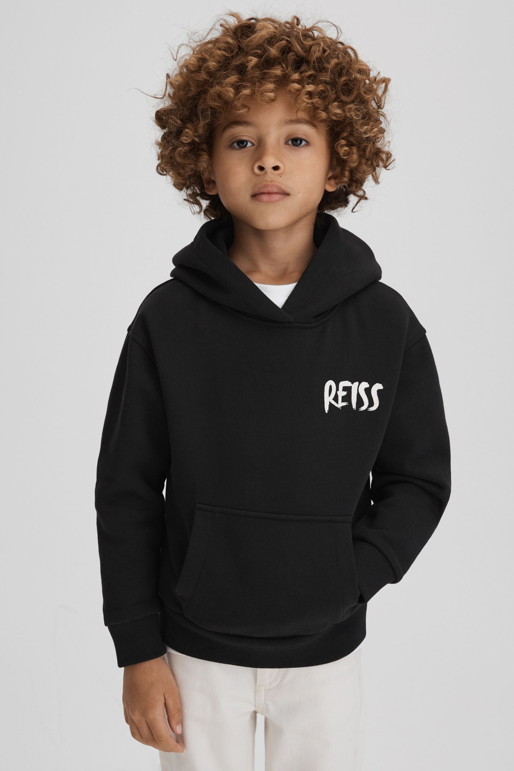 Reiss Kids' Newton - Washed Black Cotton Relaxed Motif Hoodie, 3