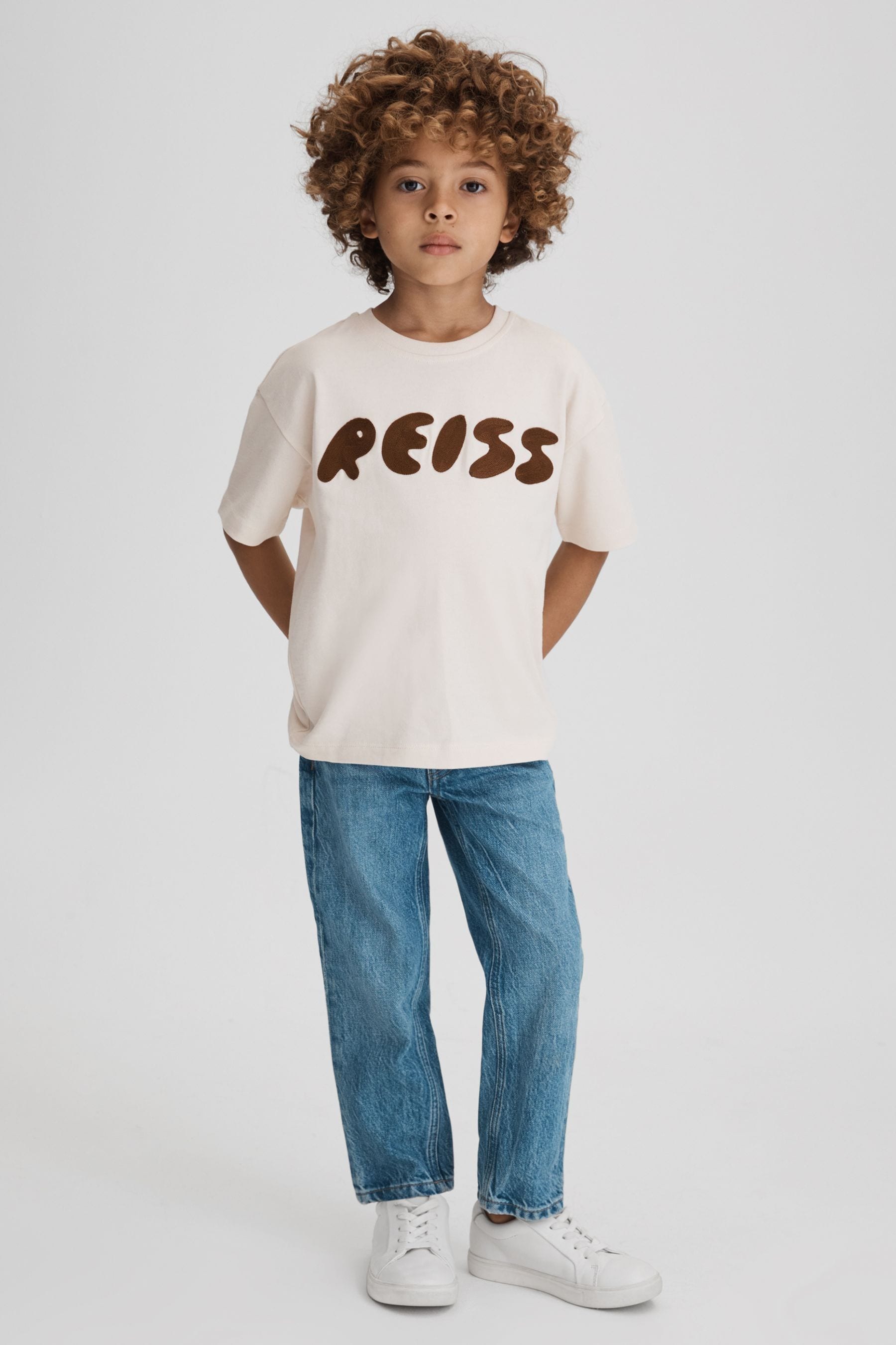 Reiss Kids' Sands - Ecru Senior Cotton Crew Neck Motif T-shirt, Uk 11-12 Yrs