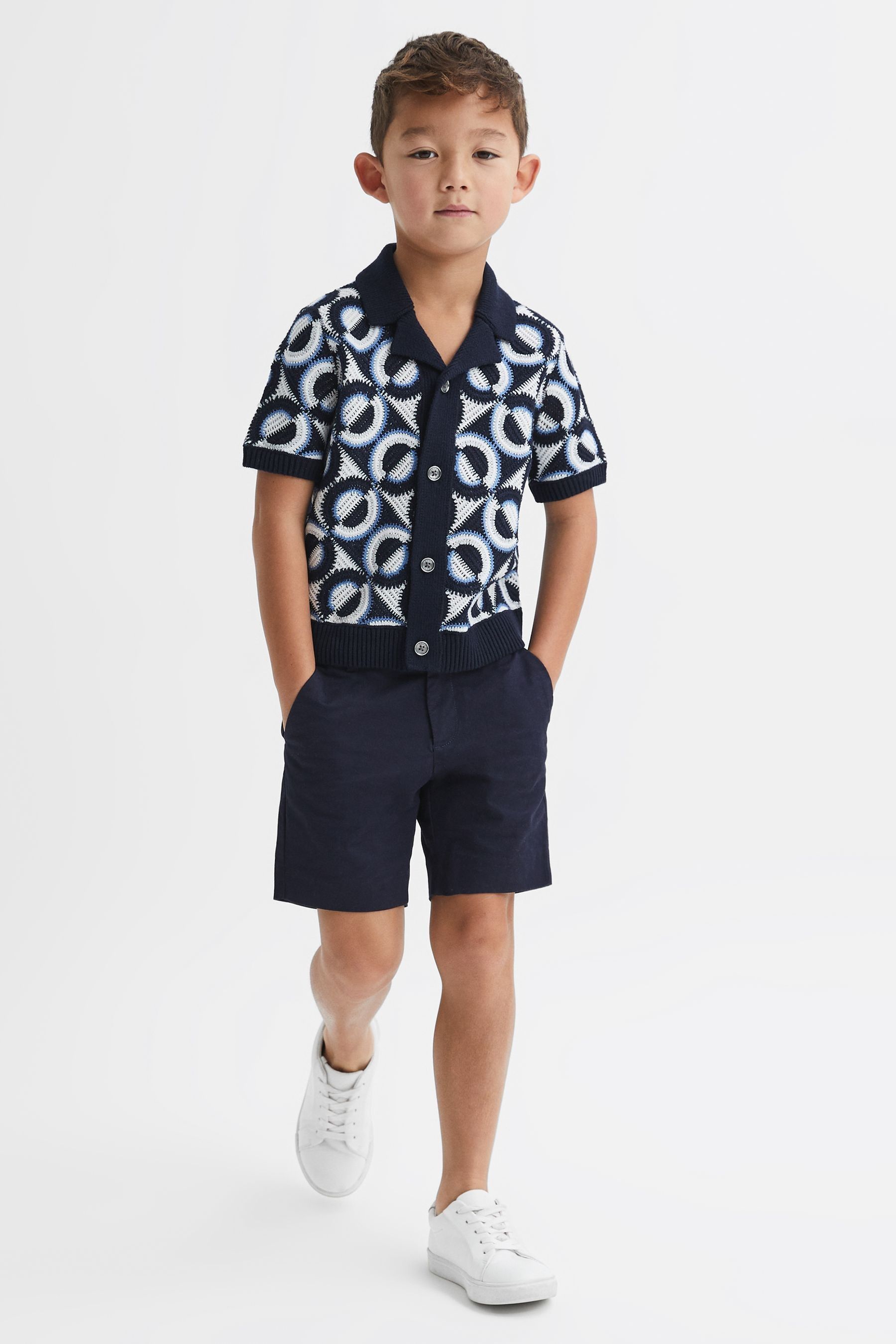 Reiss Kids' Frenchie - Navy Junior Knitted Cuban Collar Shirt, Age 8-9 Years