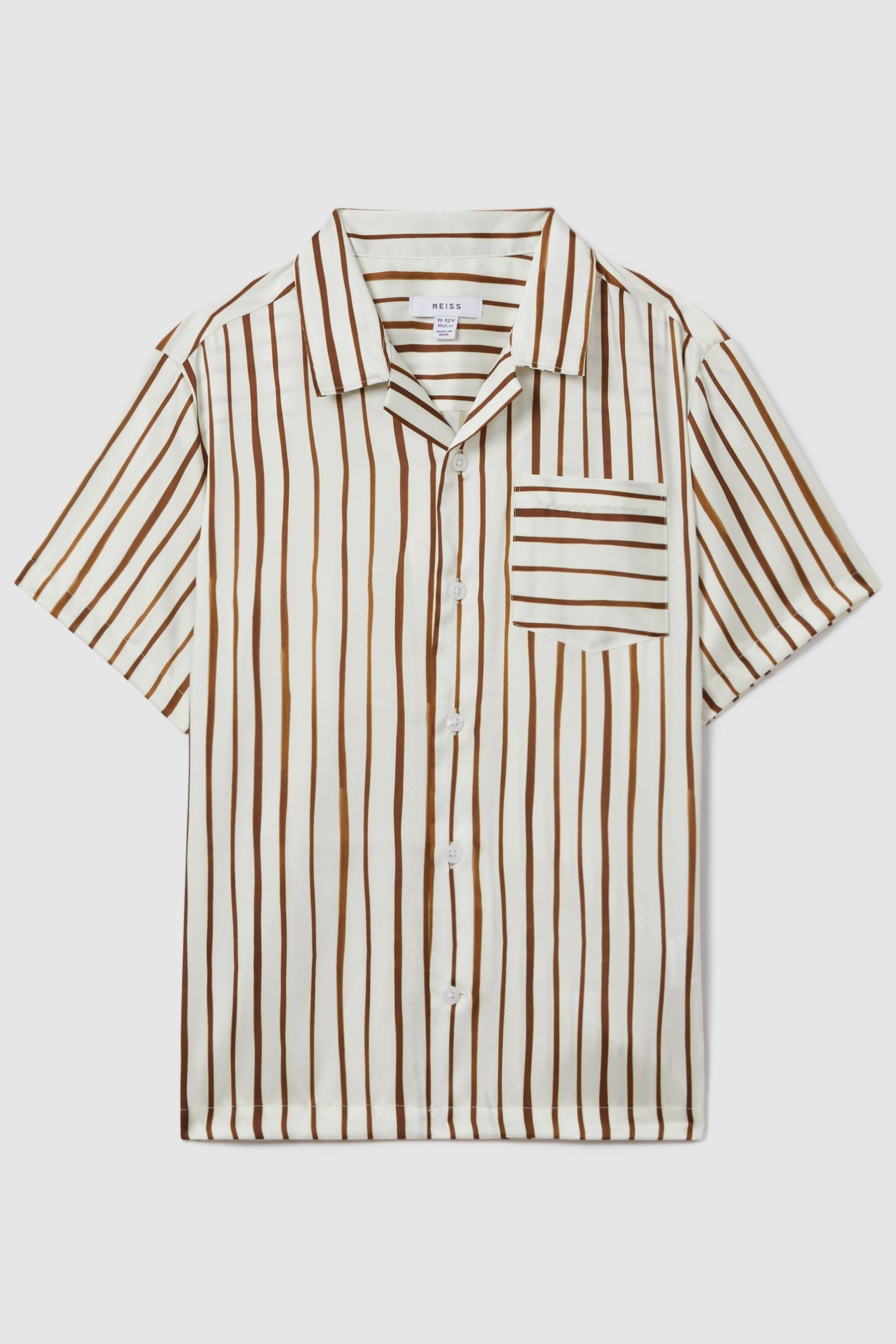 Reiss Kids' Rava - Ecru/tobacco Striped Cuban Collar Shirt, Uk 13-14 Yrs