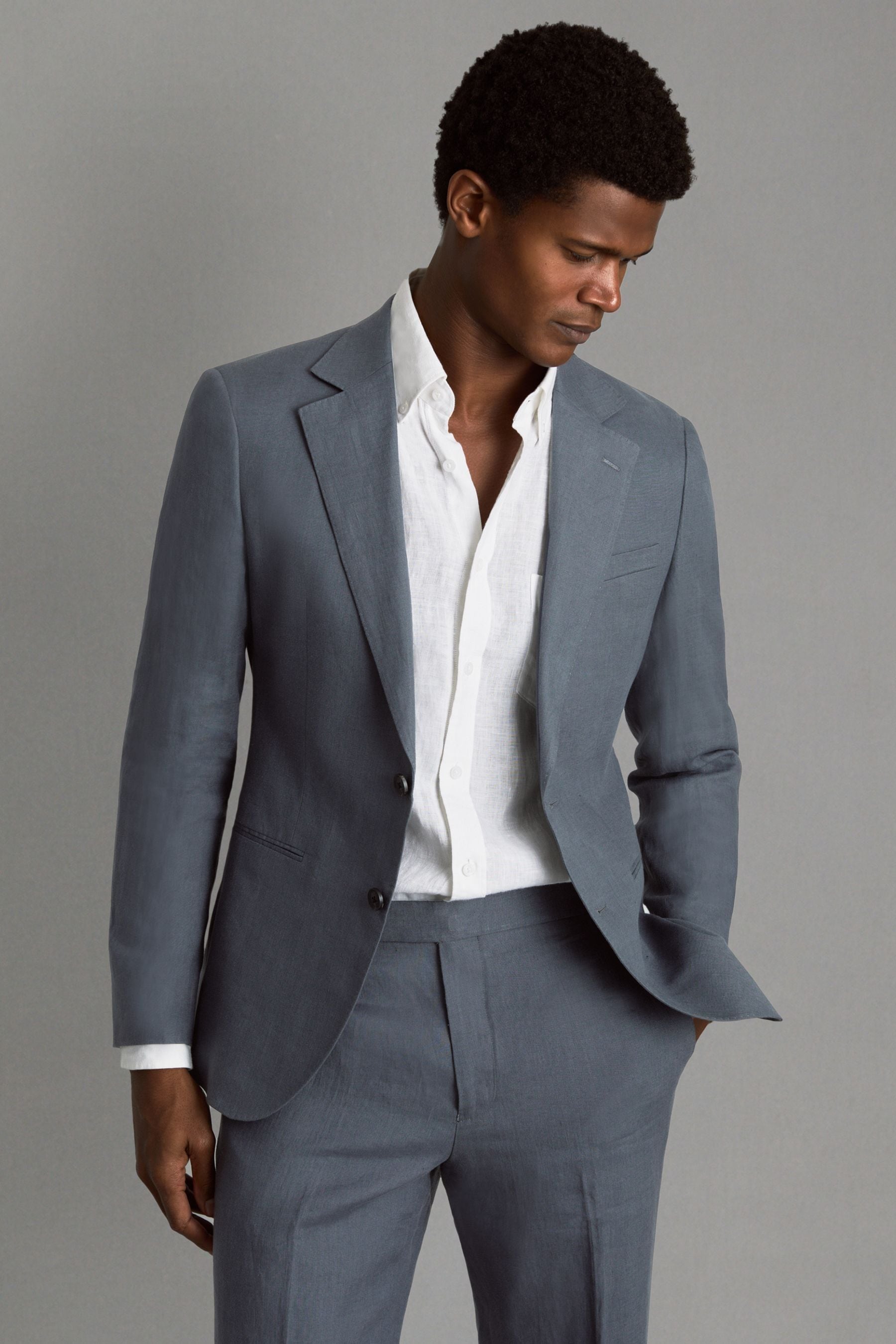 Reiss Airforce Blue Single-Breasted Linen Suit Blazer Slim Fit, 36
