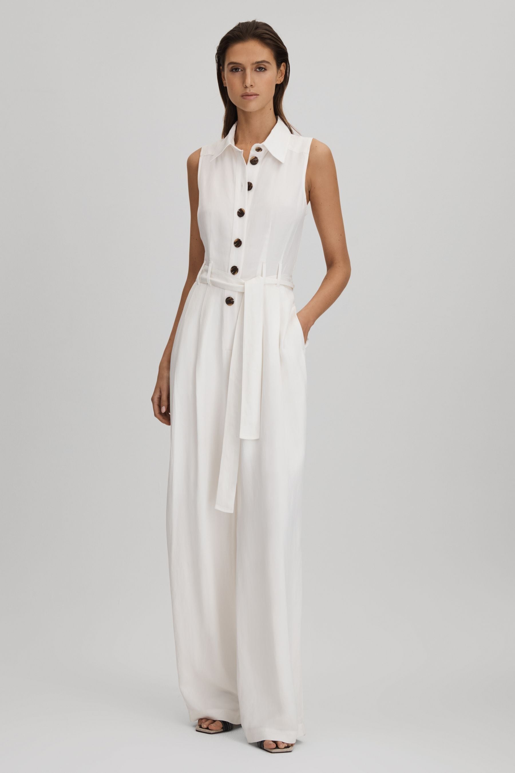 Reiss White Belted Wide Leg Jumpsuit, 16