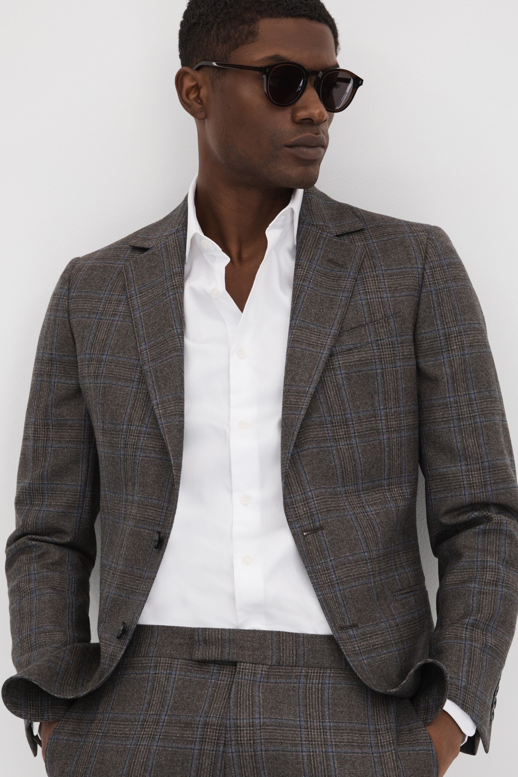 Shop Reiss Fantasy - Brown Multi Slim Fit Wool Single Breasted Check Blazer, 42