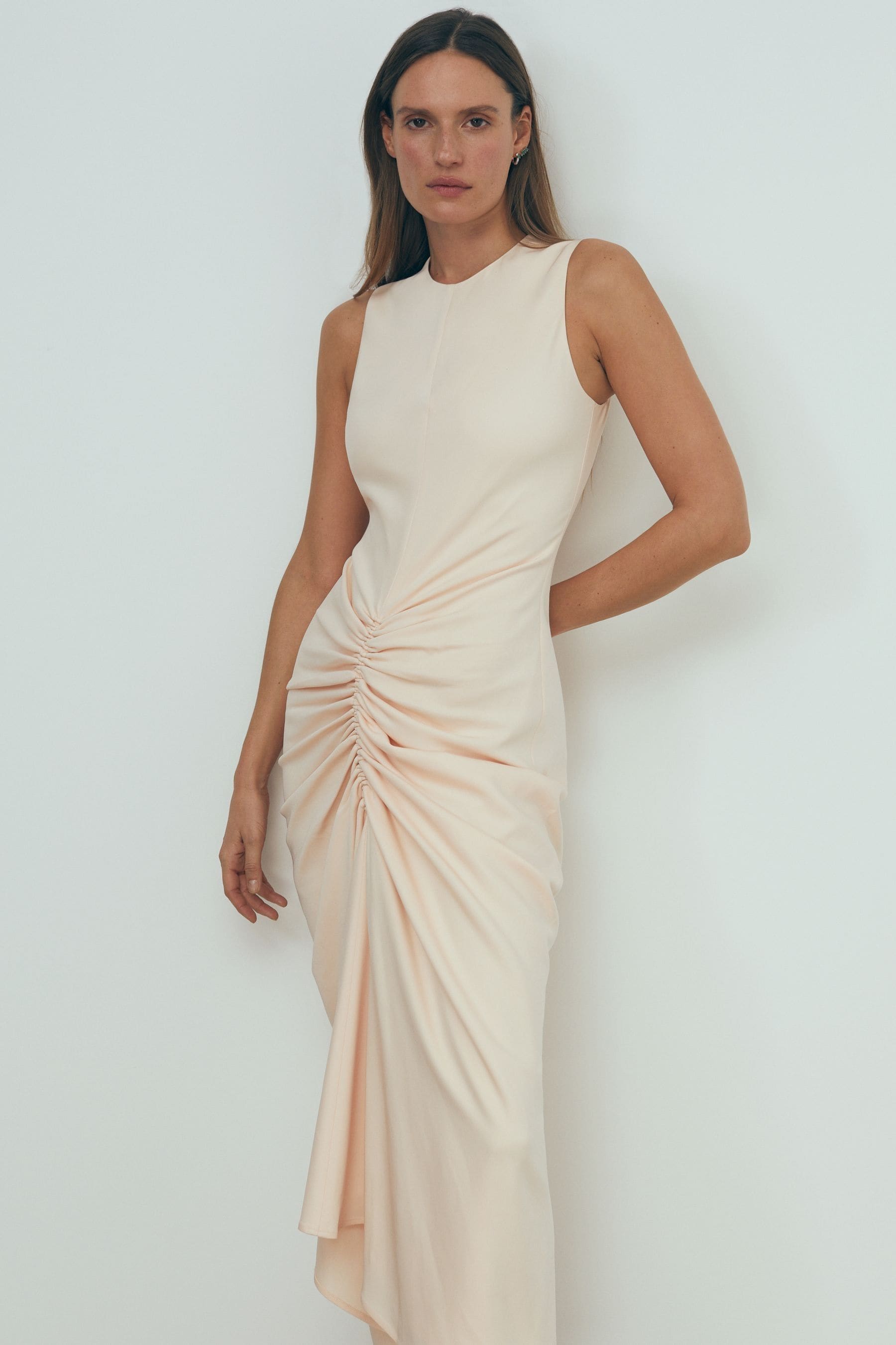 Atelier Felicity Ruched Bodycon Midi Dress In Blush
