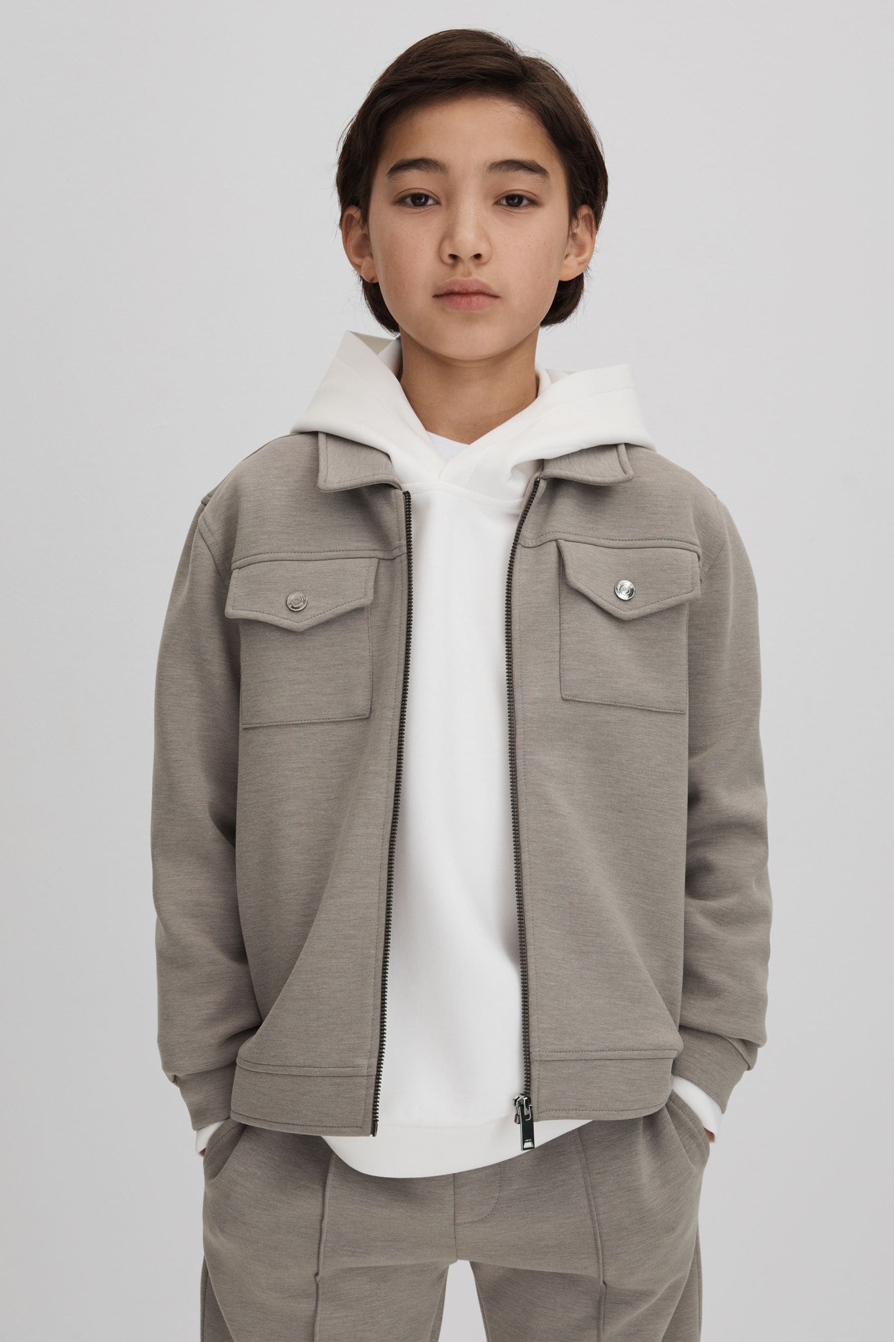 Reiss Kids' Medina - Taupe Junior Interlock Jersey Zip-through Jacket, 6 - 7 Years