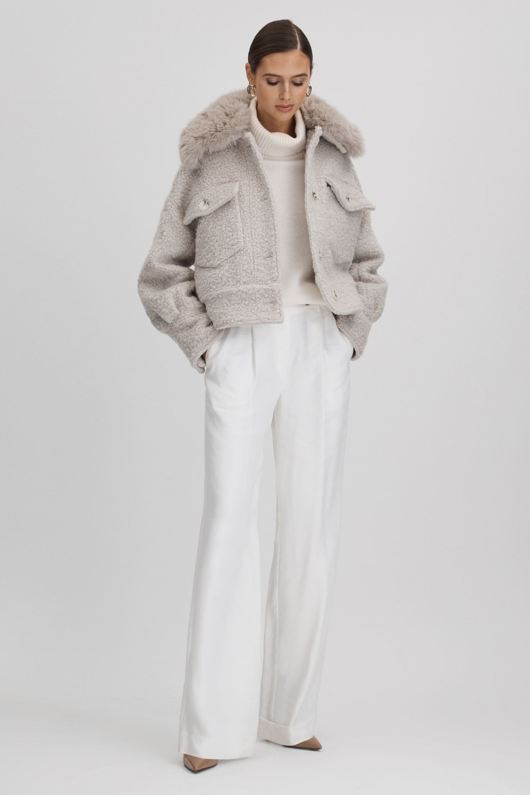 Meotine Boucle Removable Collar Jacket In Cream