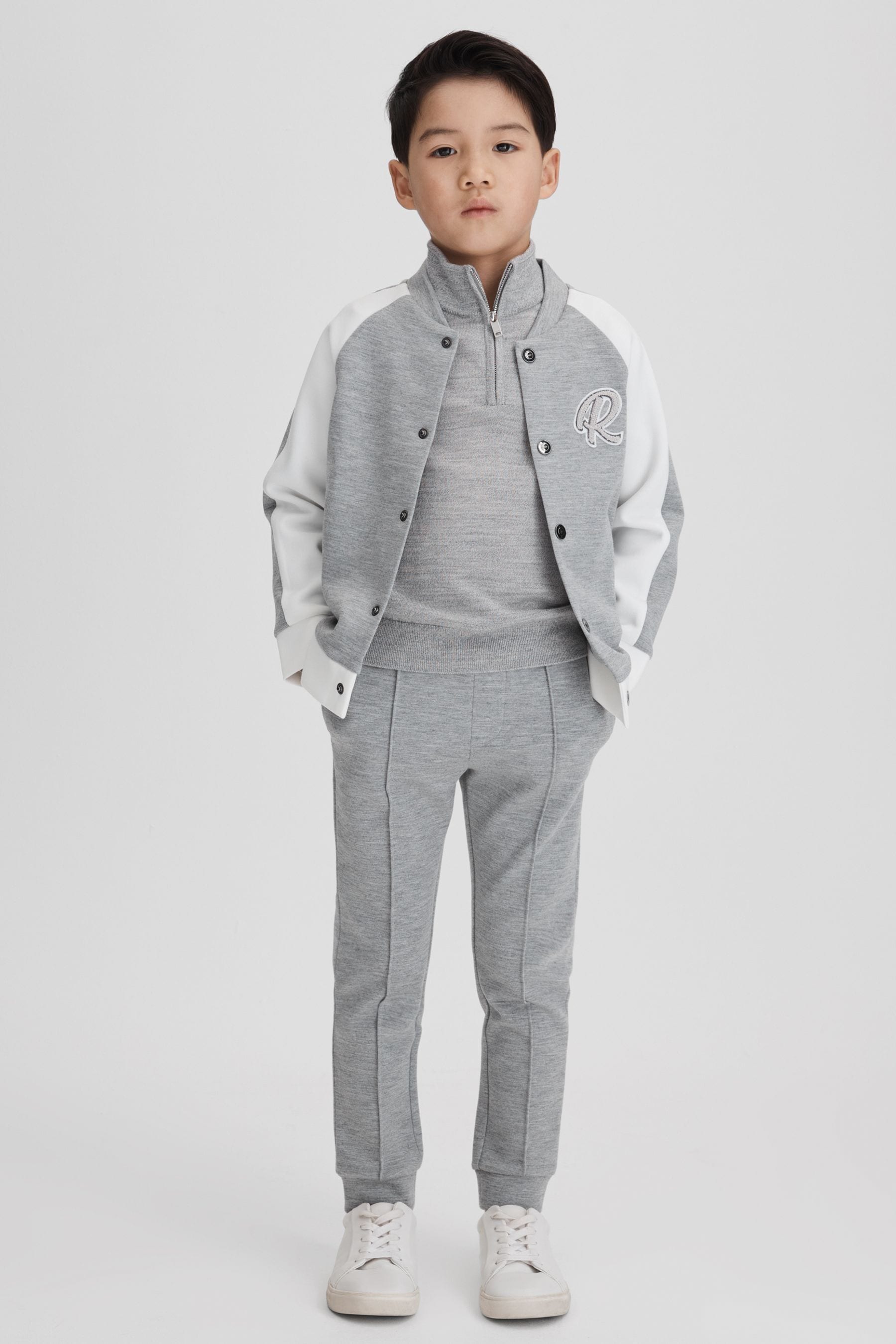 Reiss Pelham - Soft Grey/white Junior Jersey Varsity Jacket, Age 8-9 Years