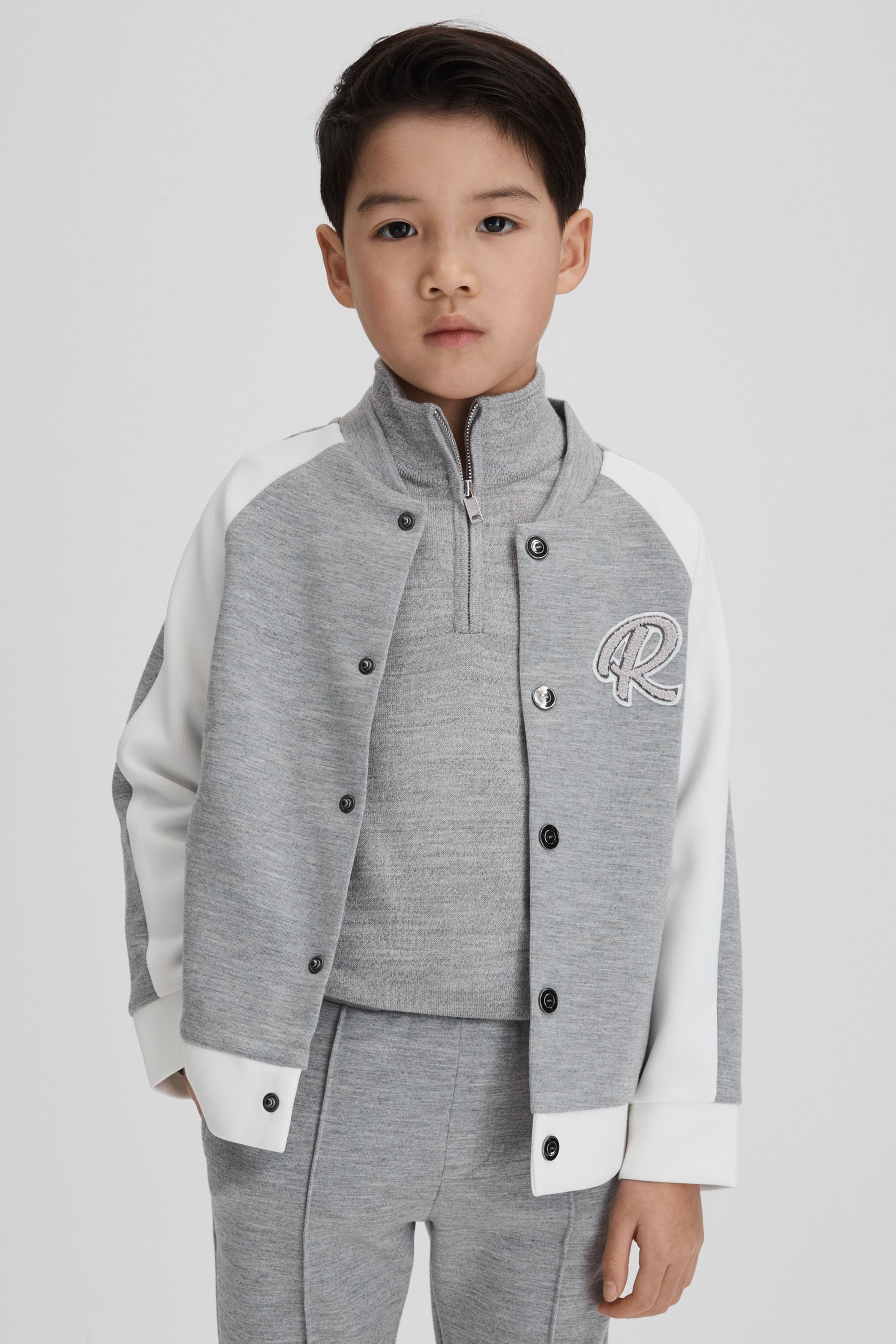 Reiss Pelham - Soft Grey/white Senior Jersey Varsity Jacket, Uk 9-10 Yrs
