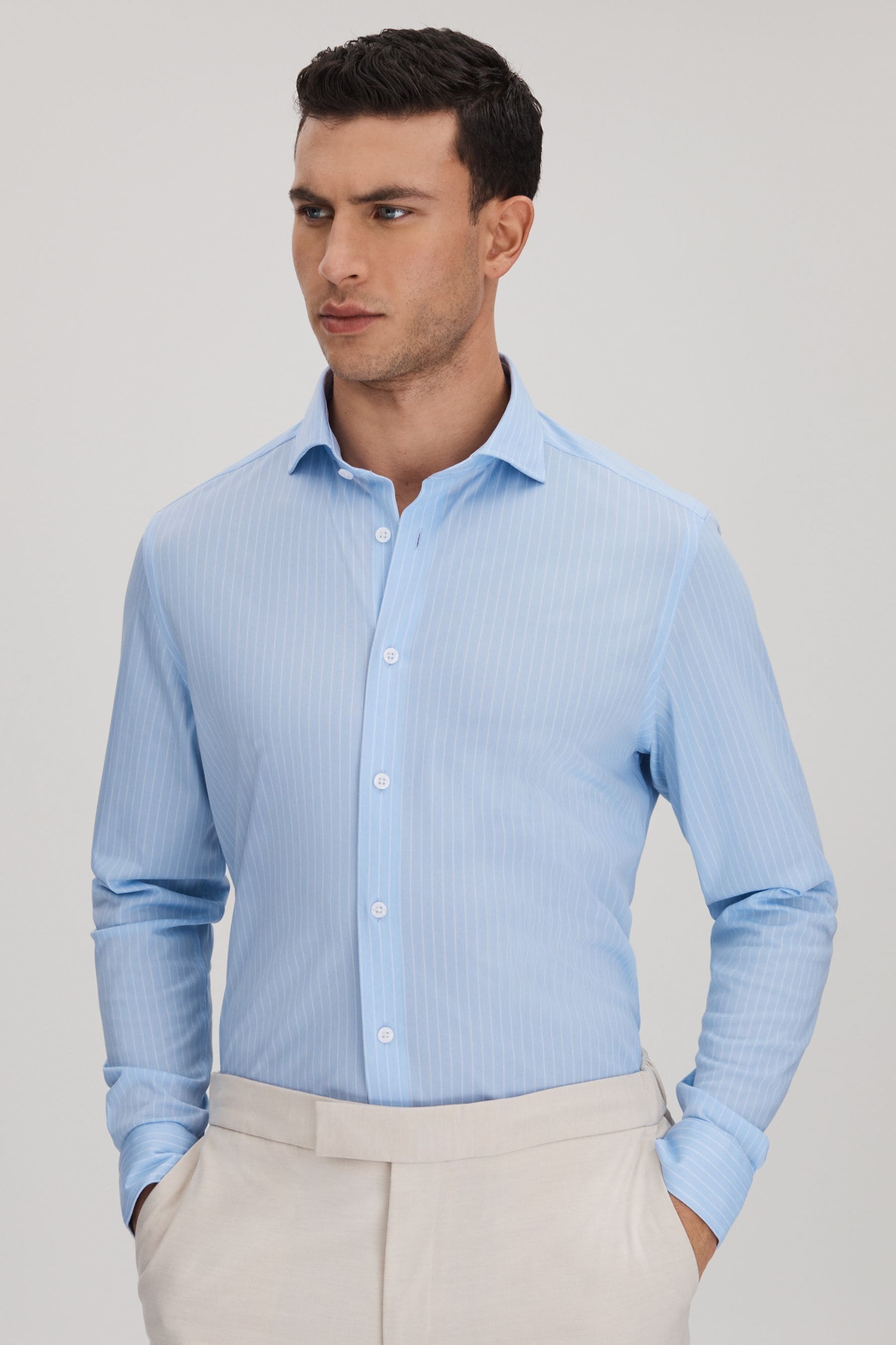 Reiss Fletcher - Soft Blue/white Striped Cotton Blend Shirt, Xl
