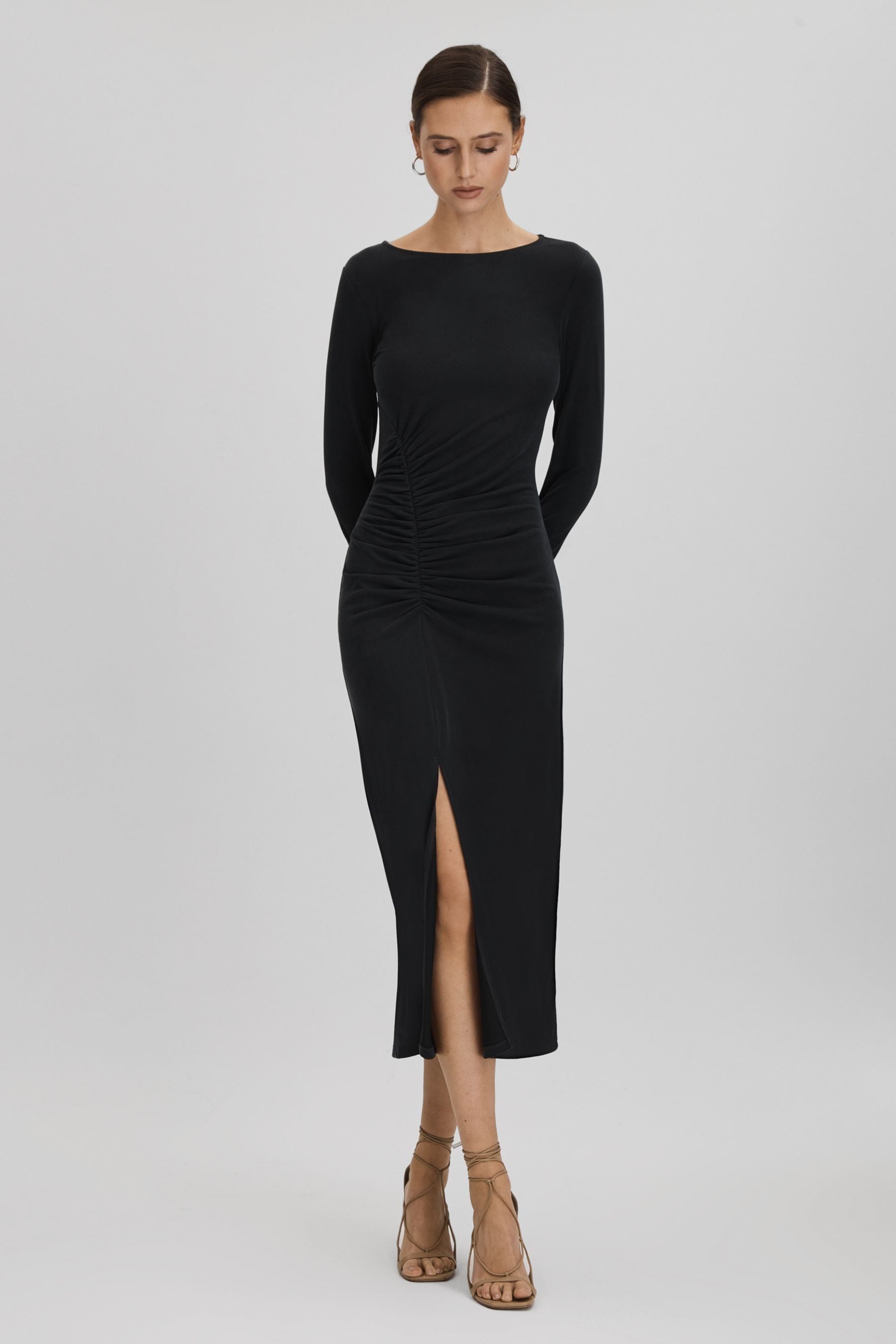 Reiss Lana Ruched-detail Long-sleeve Jersey Midi Dress In Charcoal