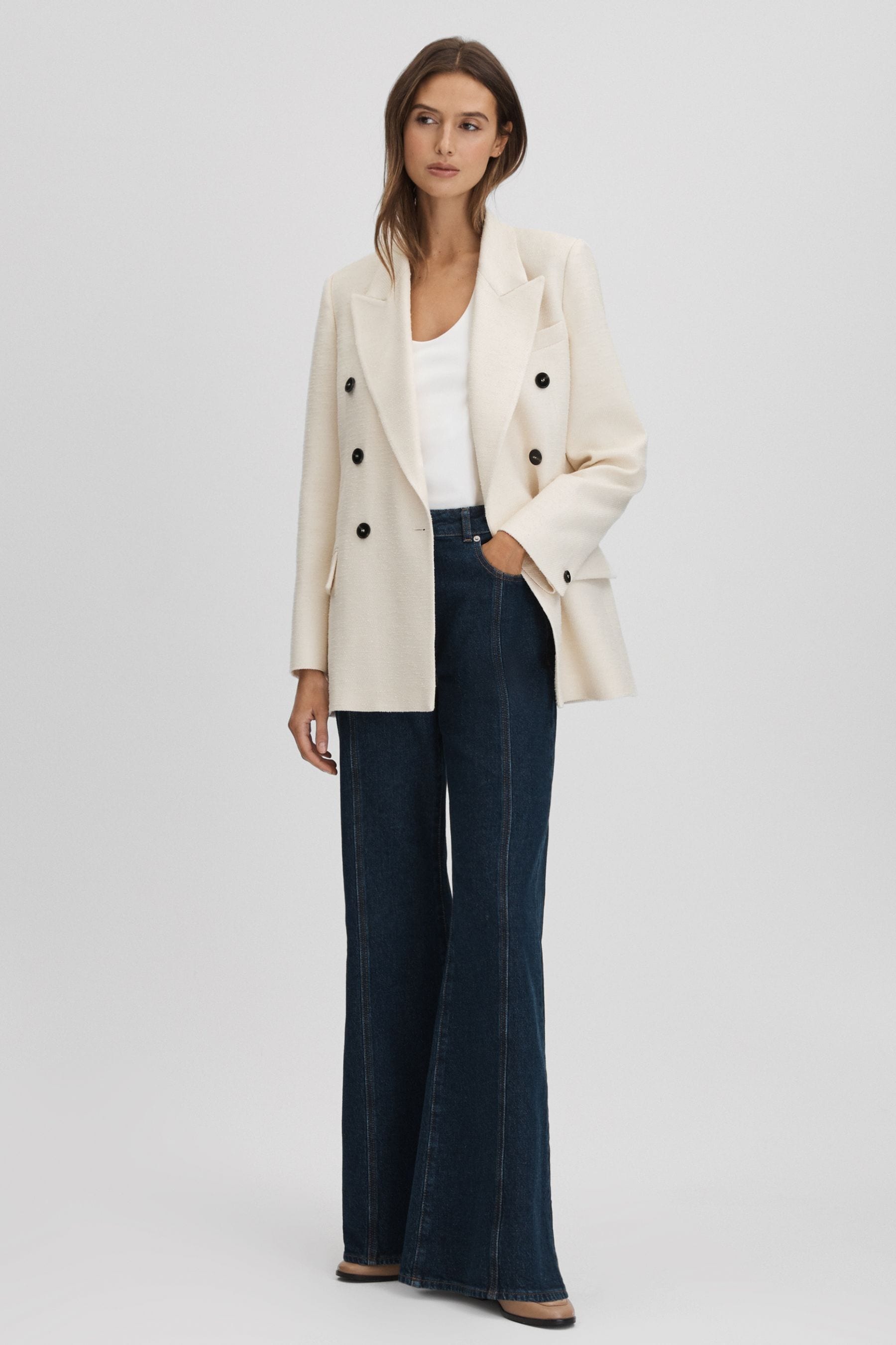 Reiss White Textured Double Breasted Blazer In White