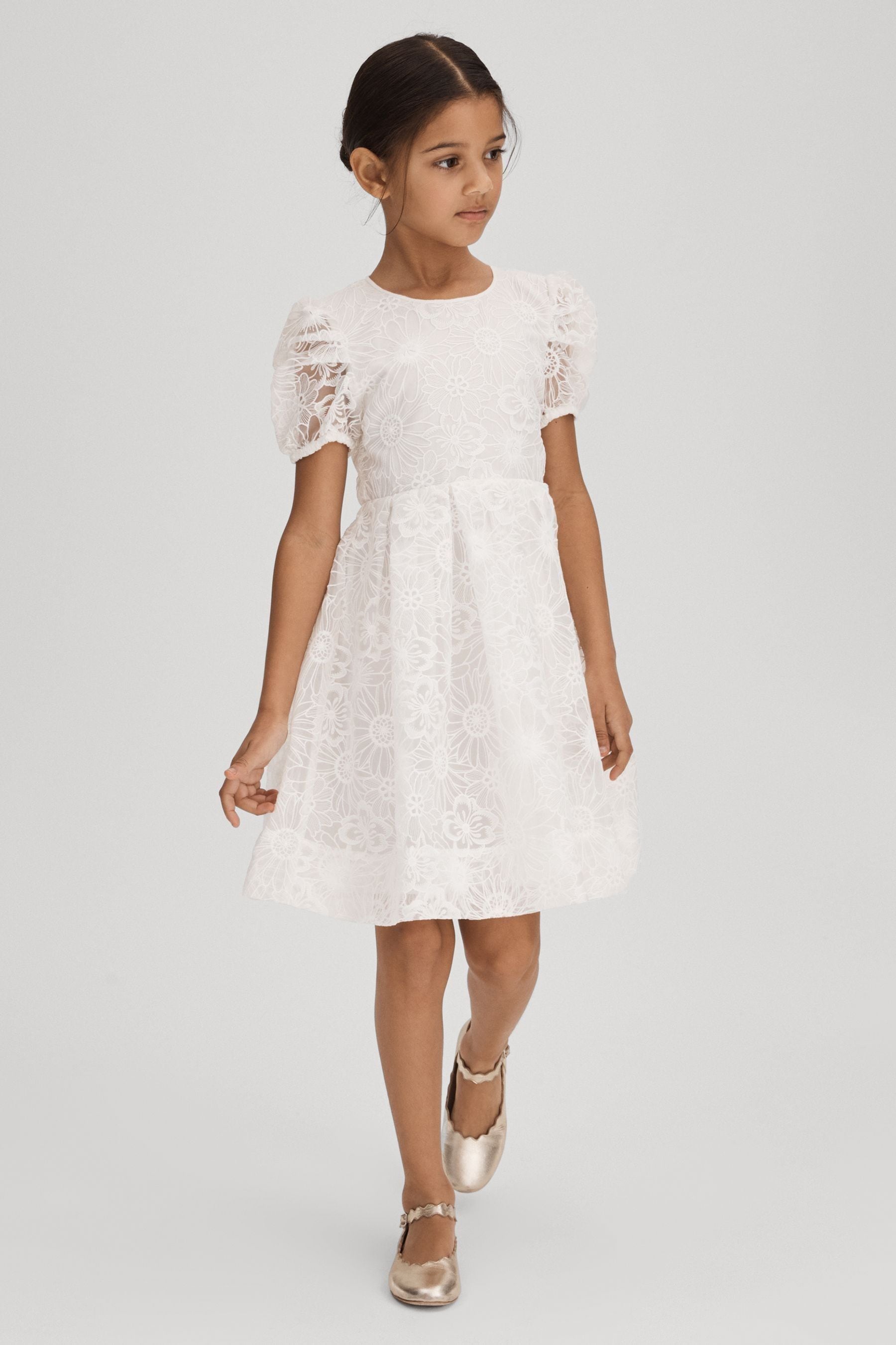 Shop Reiss Emelie - Ivory Senior Lace Puff Sleeve Dress, Uk 11-12 Yrs