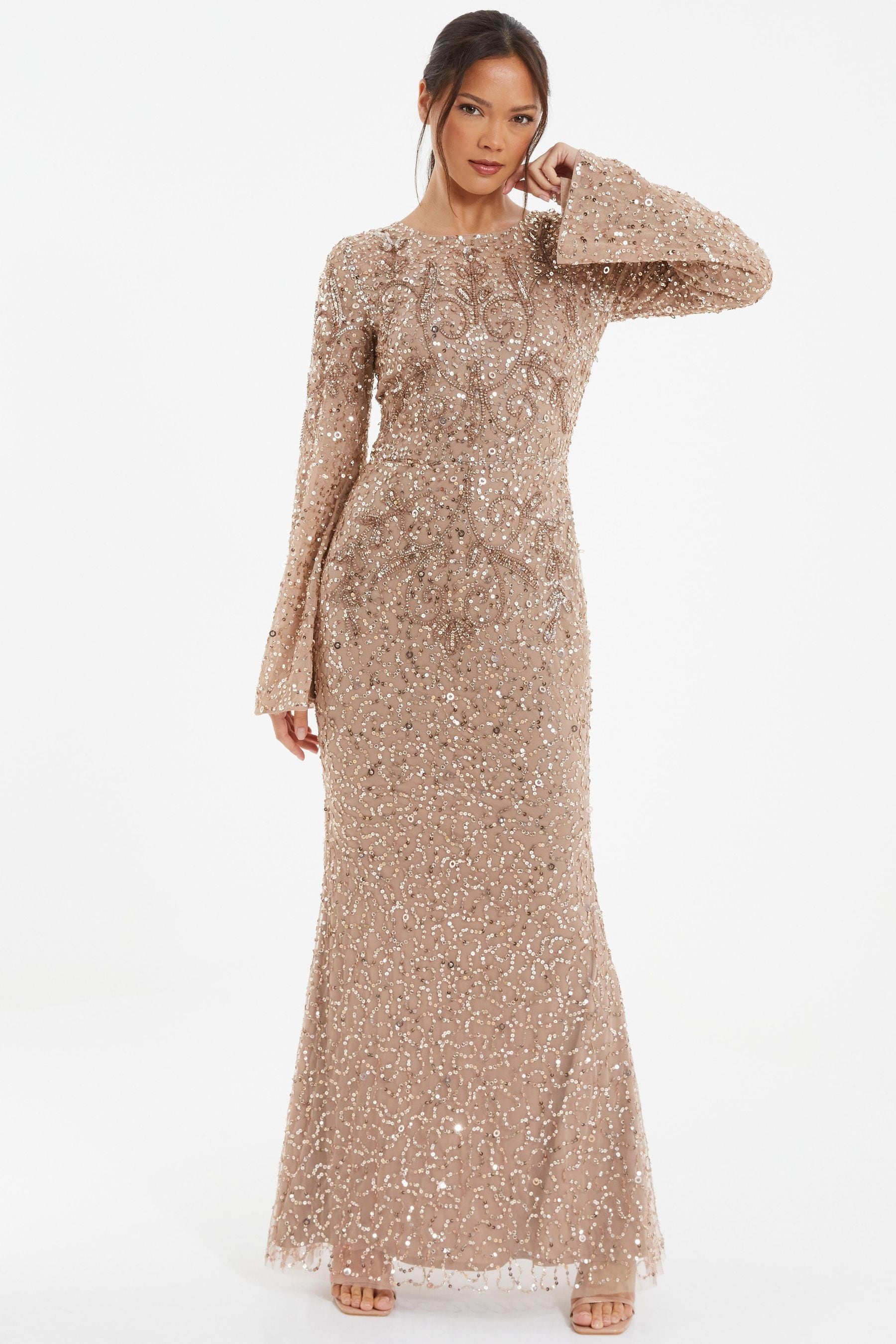 quiz gold sequin maxi dress Womens Rose Mesh Long Flute Sleeve - Rose Gold Reviews | Next Reviews With Holes
