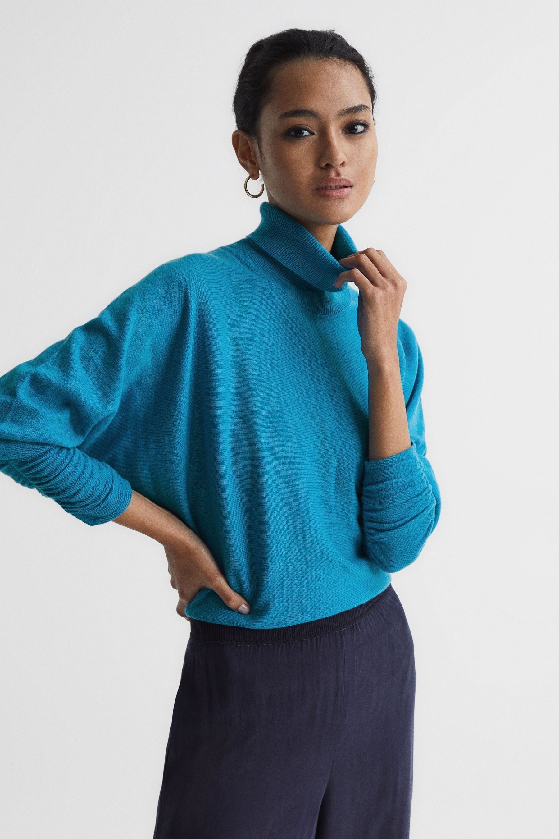 Reiss Frankie Ruched Sleeve Turtleneck Sweater In Blue