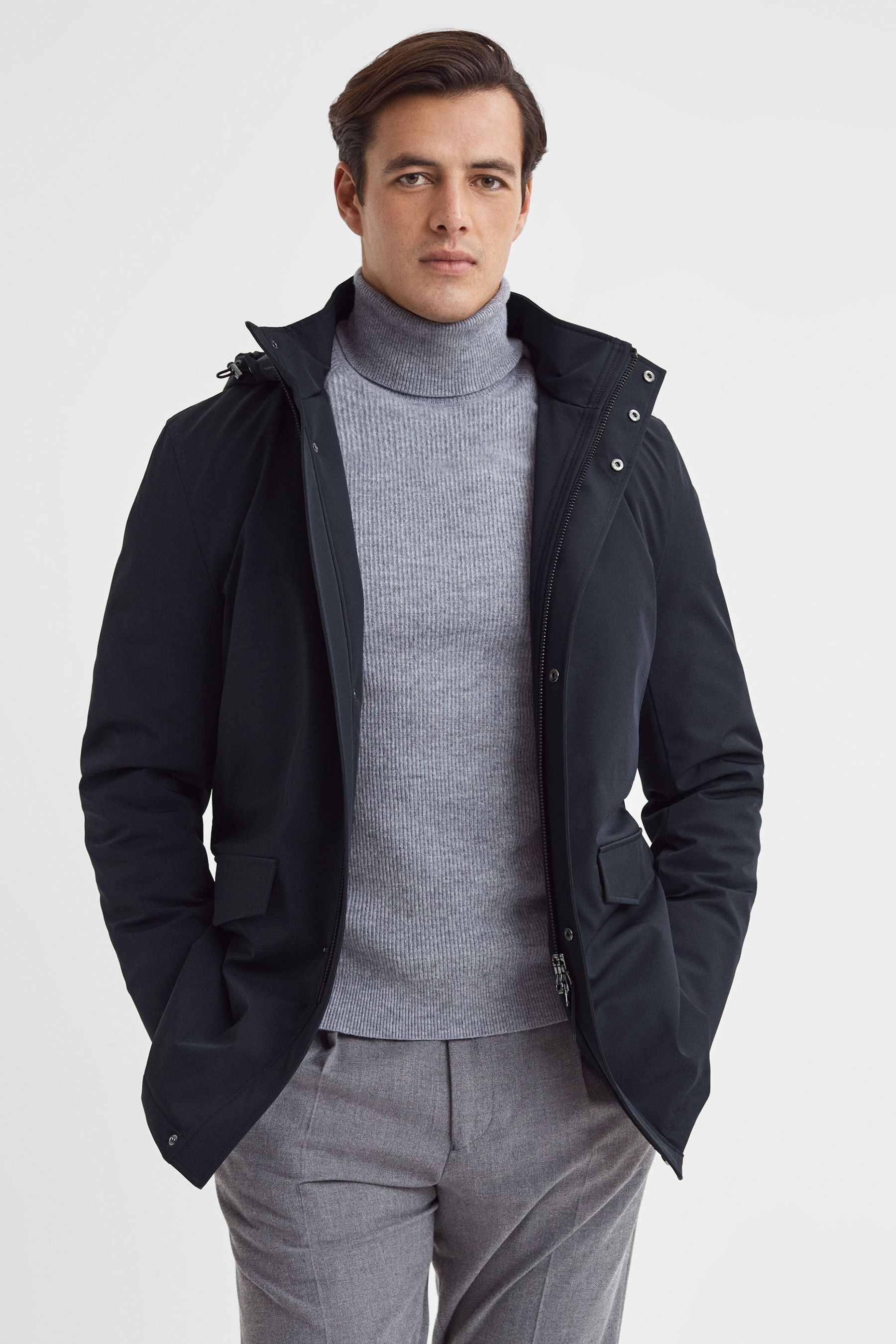 Reiss Dublin - Navy Water Repellent Removable Hooded Coat, S