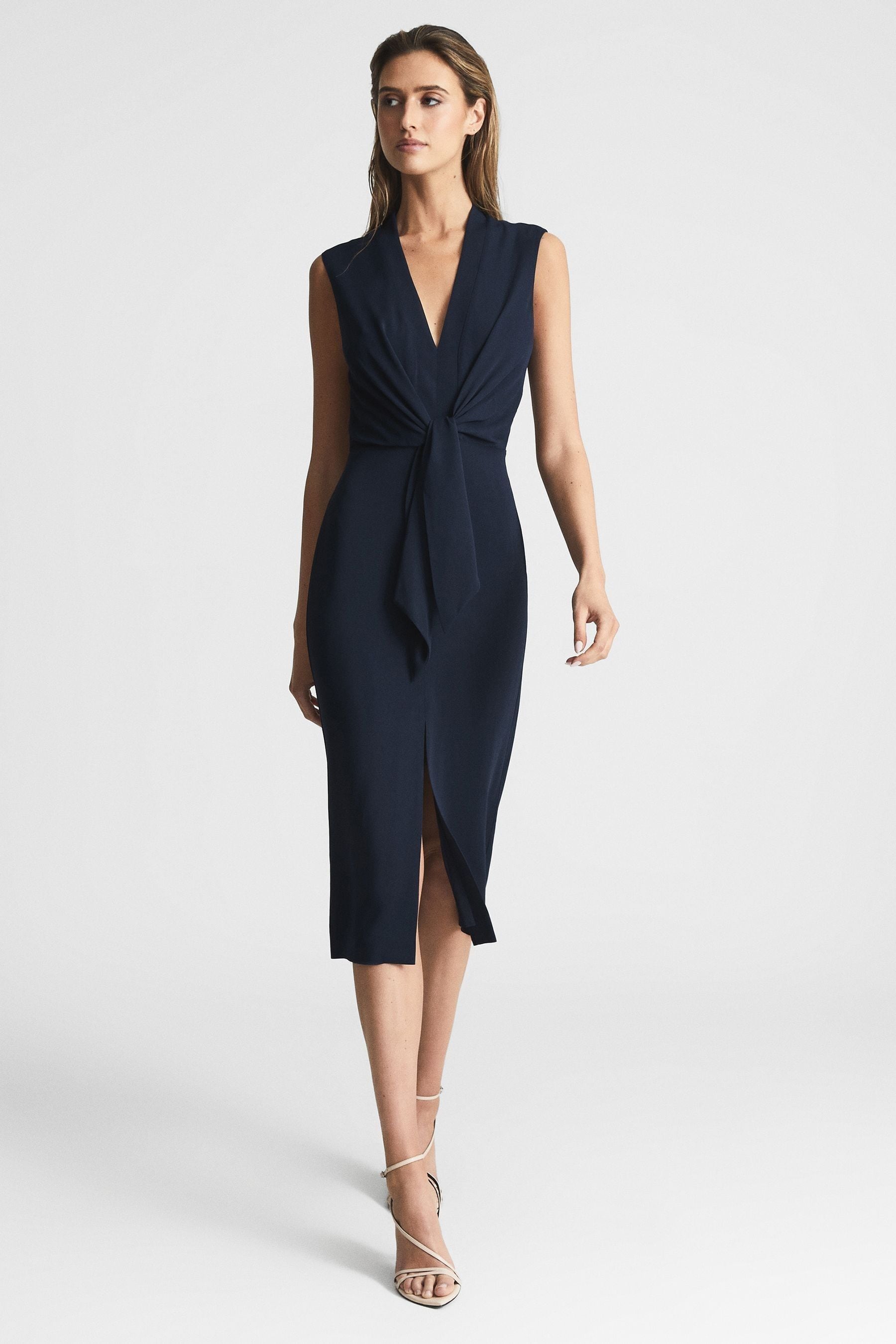 Reiss Stevie Tie Waist Midi Dress In Navy