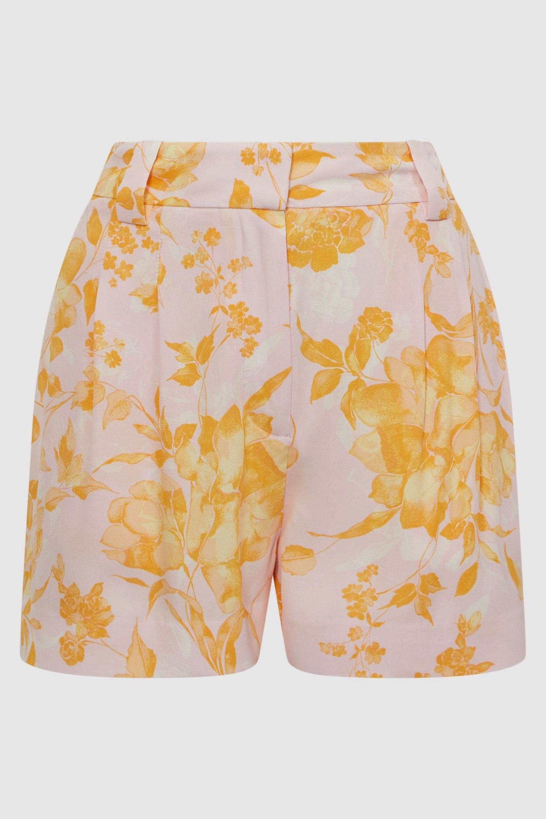 Reiss Bonnie Yellow High Rise Floral Print Shorts, 4, Navy/Camel