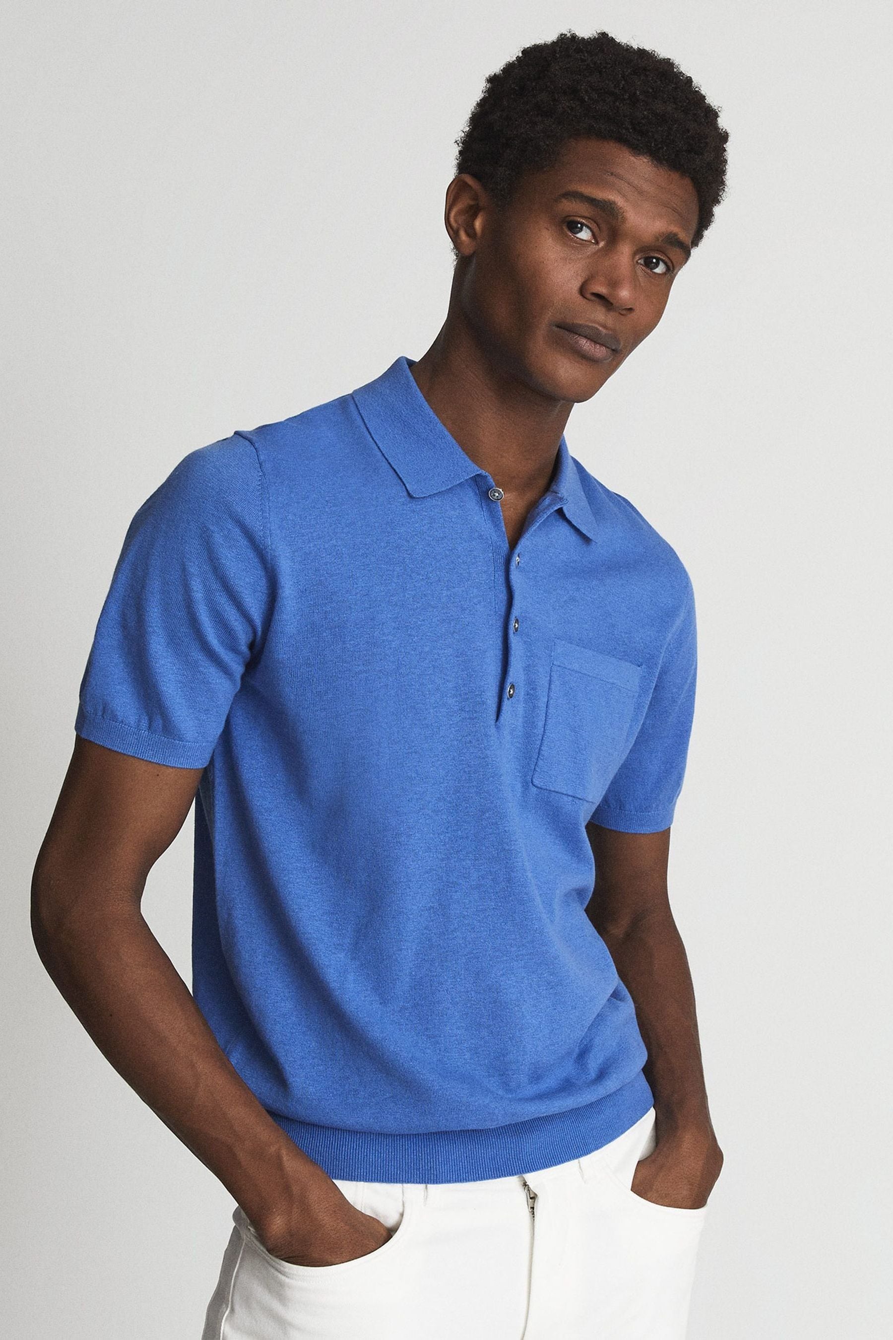 Ralphy Mens Blue Cotton Buttoned Linen Polo Shirt