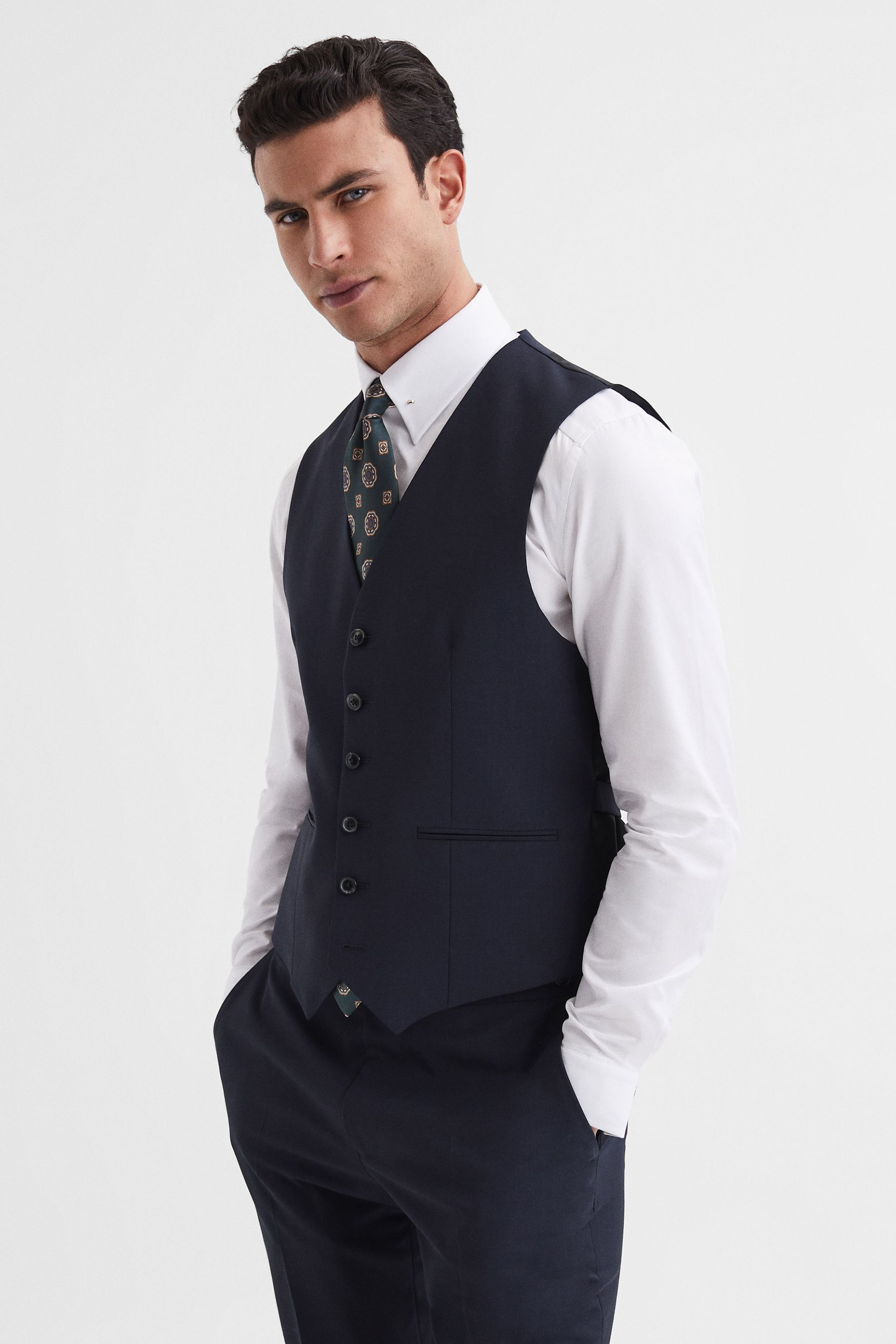 Reiss Mens Navy Hope Travel Wool-blend Fitted Waistcoat