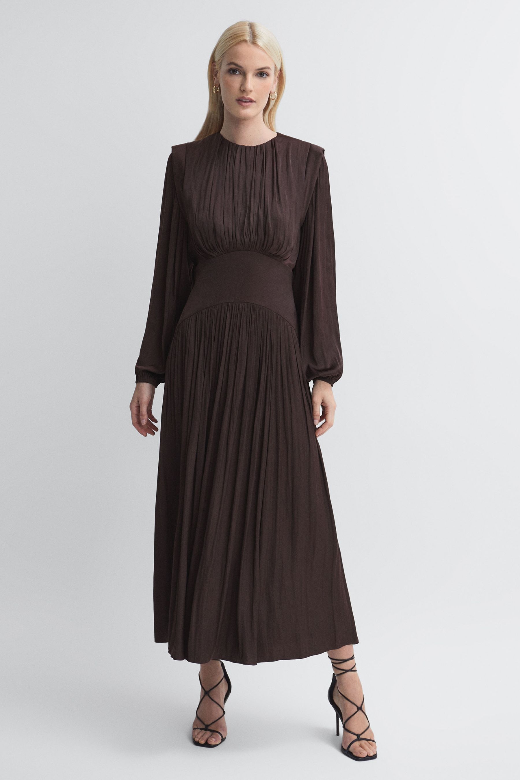 Florere Pleated Midi Dress, Chocolate, Size: 14