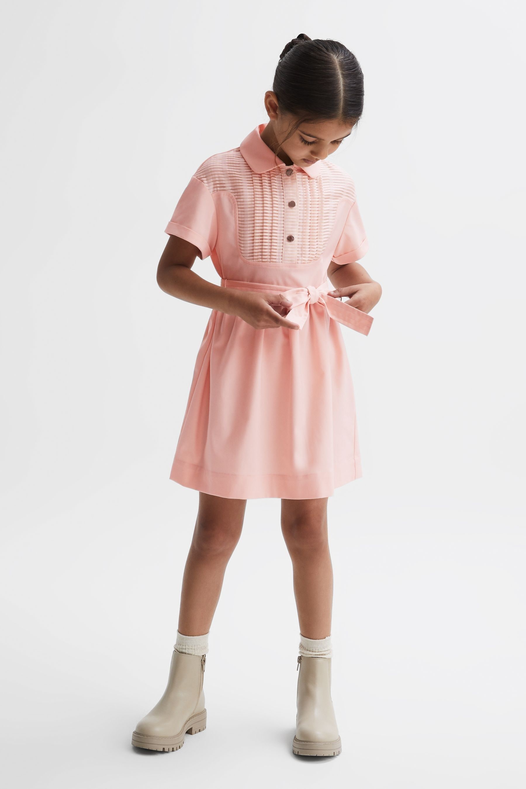 Reiss Wren - Pink Senior Collared Belted Short Sleeve Dress, Uk 13-14 Yrs