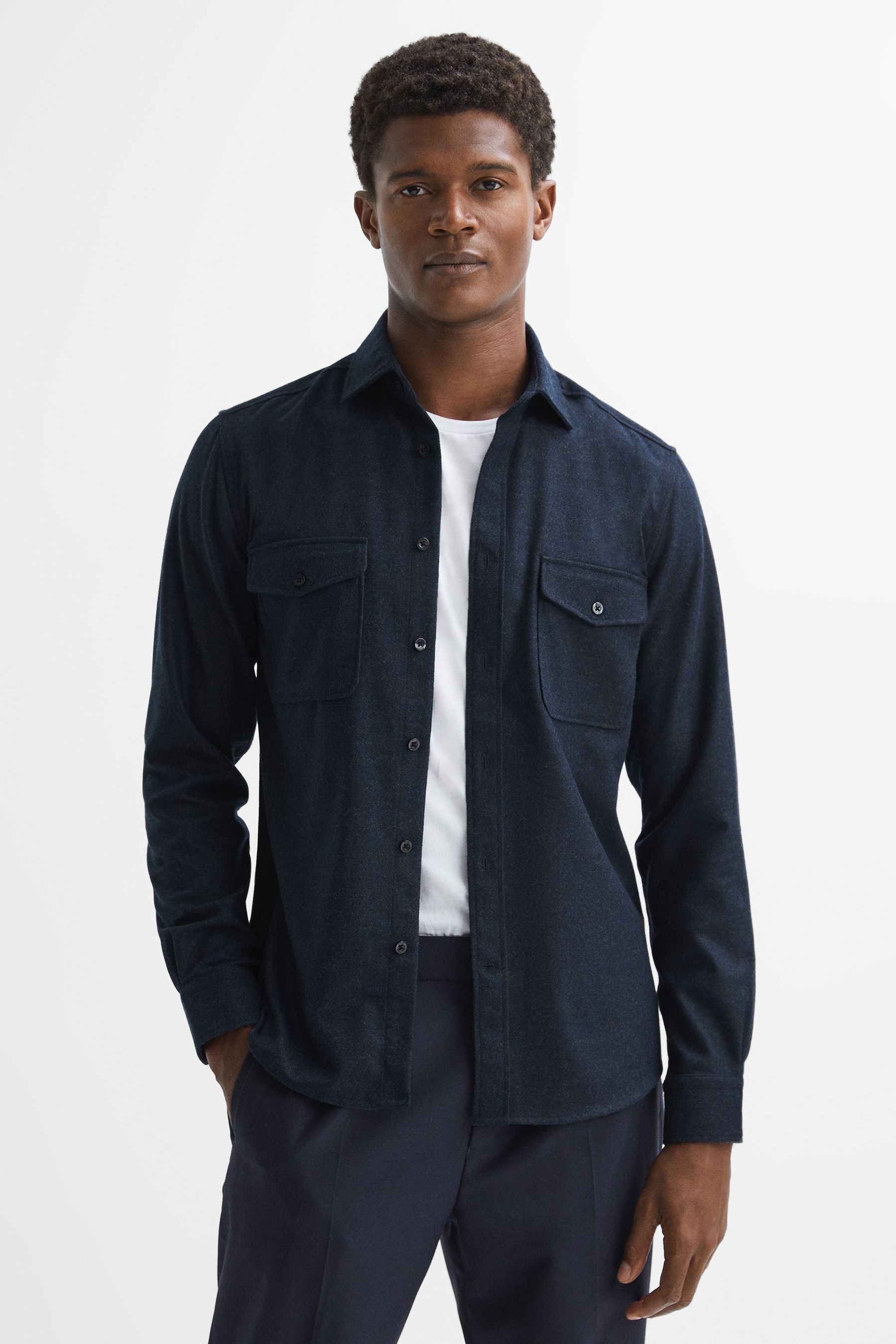 Reiss Chaser - Navy Button-through Twin Pocket Overshirt, Xl