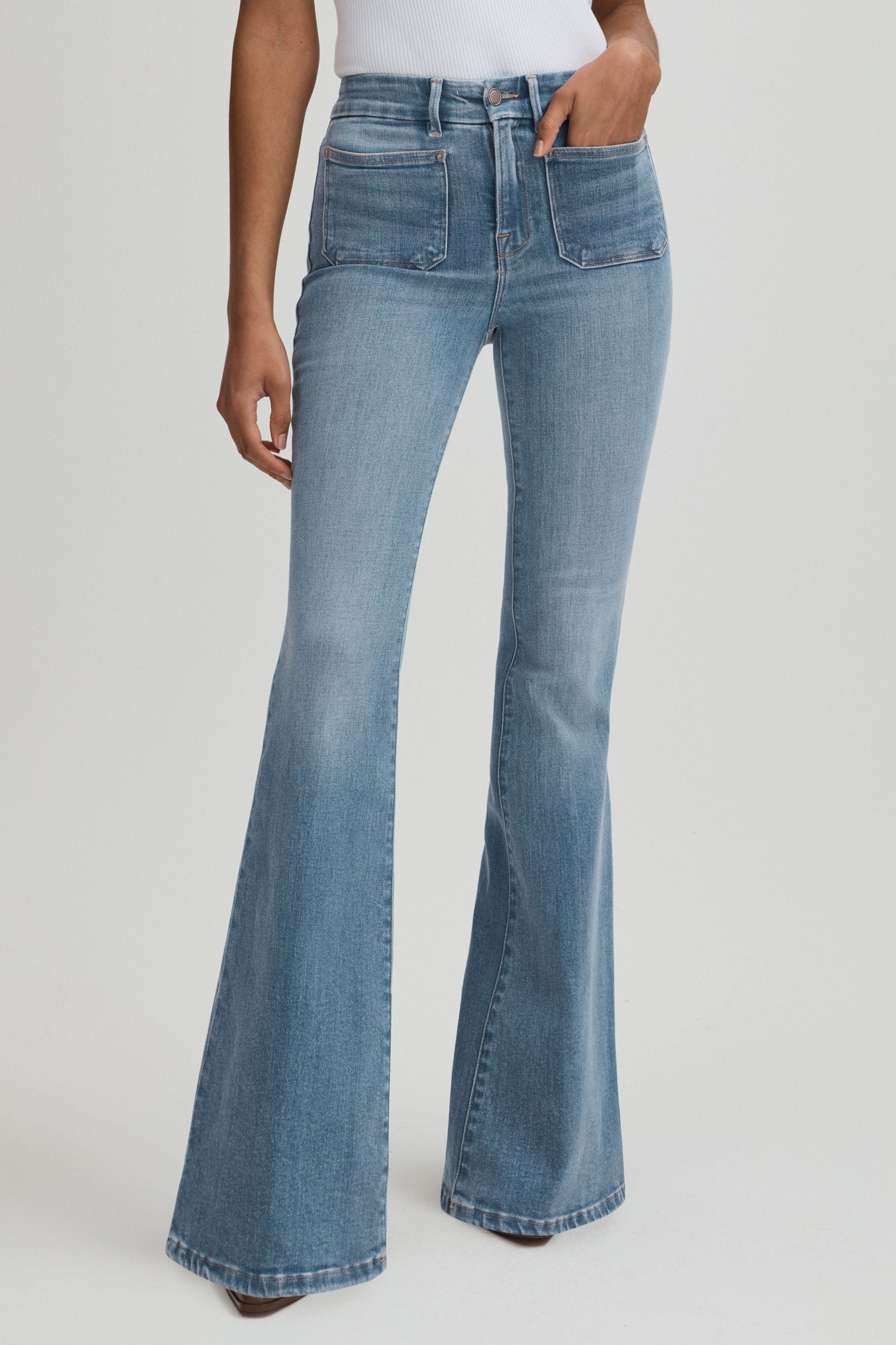 Good American Mid Blue  Mid Rise Flared Jeans