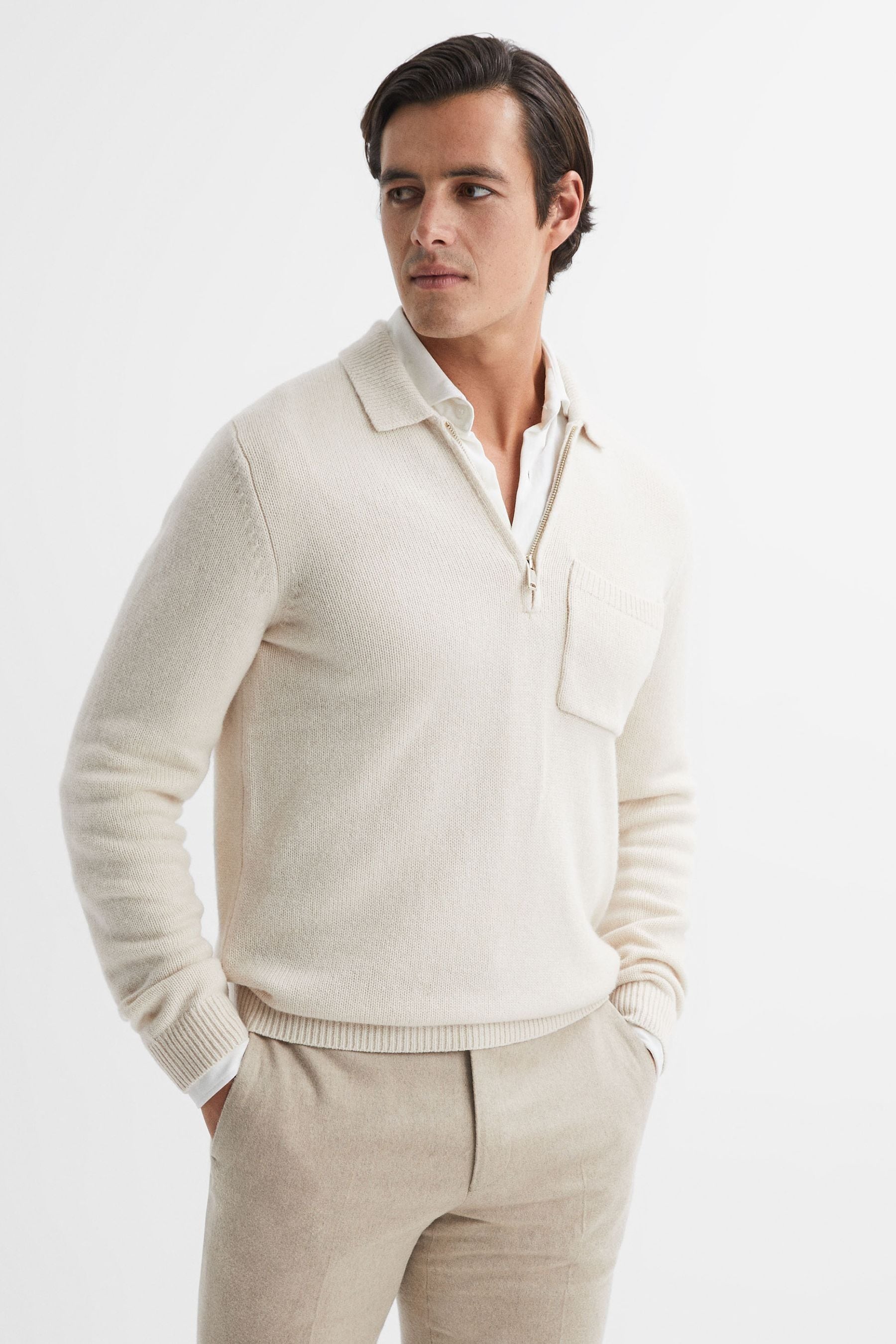 Reiss Ecru Wool Blend Half-zip Polo Jumper, S