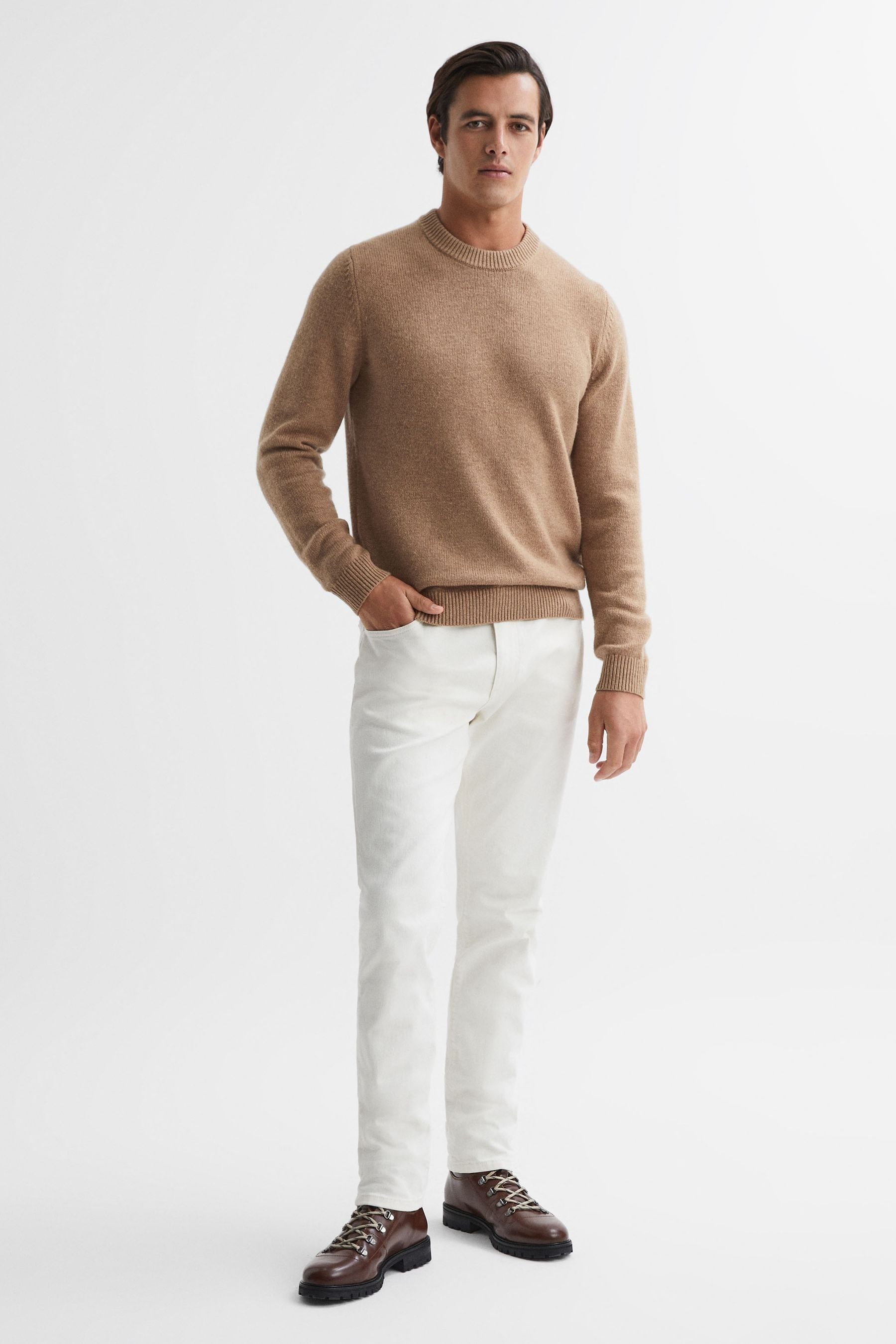 Reiss Camel Melange Wool Blend Crew Neck Jumper, Xs