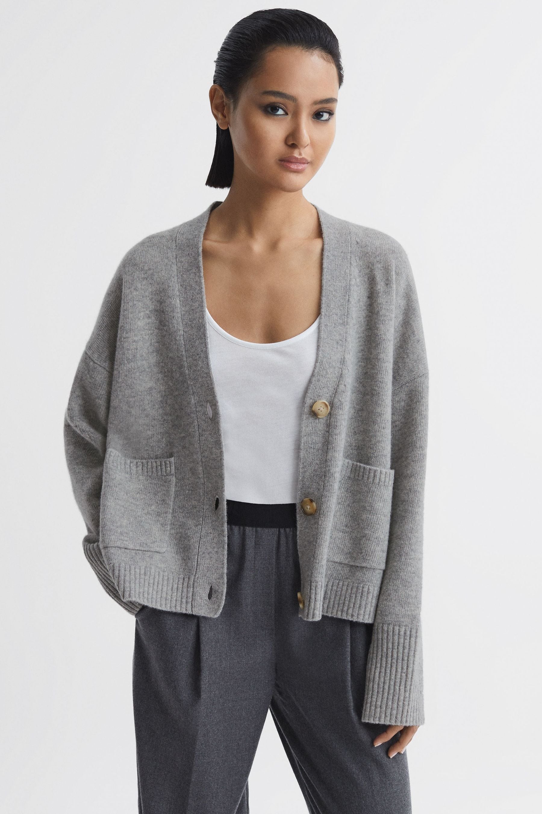 REISS JUNI - GREY MARL RELAXED WOOL-CASHMERE CARDIGAN, S